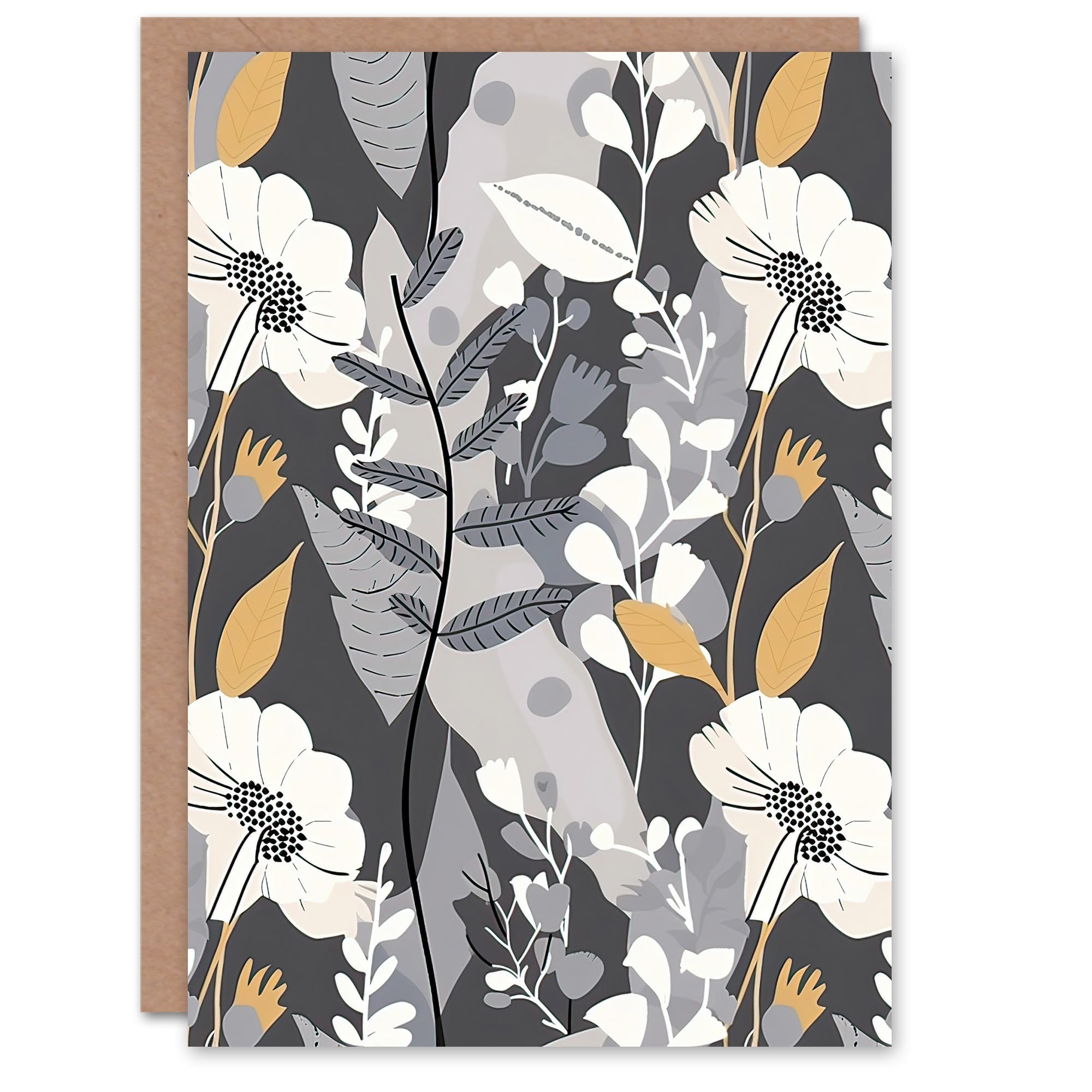 Artery8 Greeting Card Grey Orange Wildflower Design Floral Pattern Blank For Him Or Her Art Birthday Card
