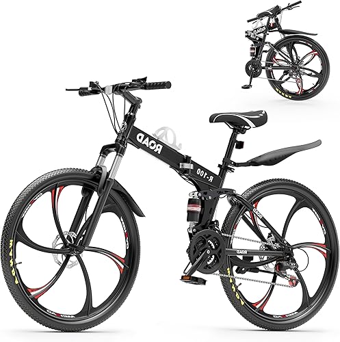 Miniatura 14 de Betterland Bicicleta de montaña de 26 pulgadas, bicicletas plegables de suspensión completa de 21 velocidades, freno de disco dual, marco de acero