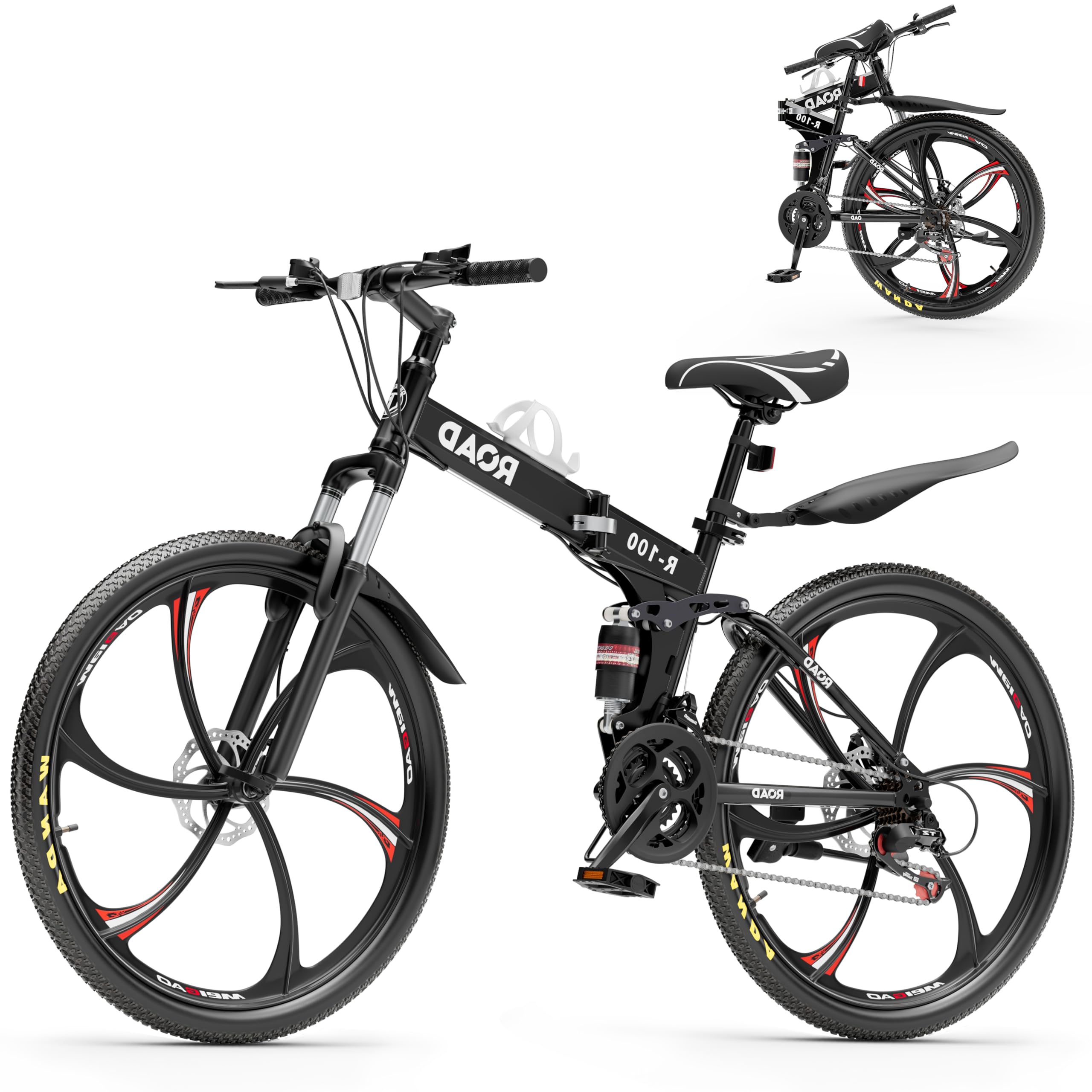 Betterland 26 Inch Mountain Bike, 21 Speeds Full Suspension Folding Bikes, Dual Disc Brake, High Carbon Steel Frame and Non-Slip Quick Release tire Bicycle for Adult