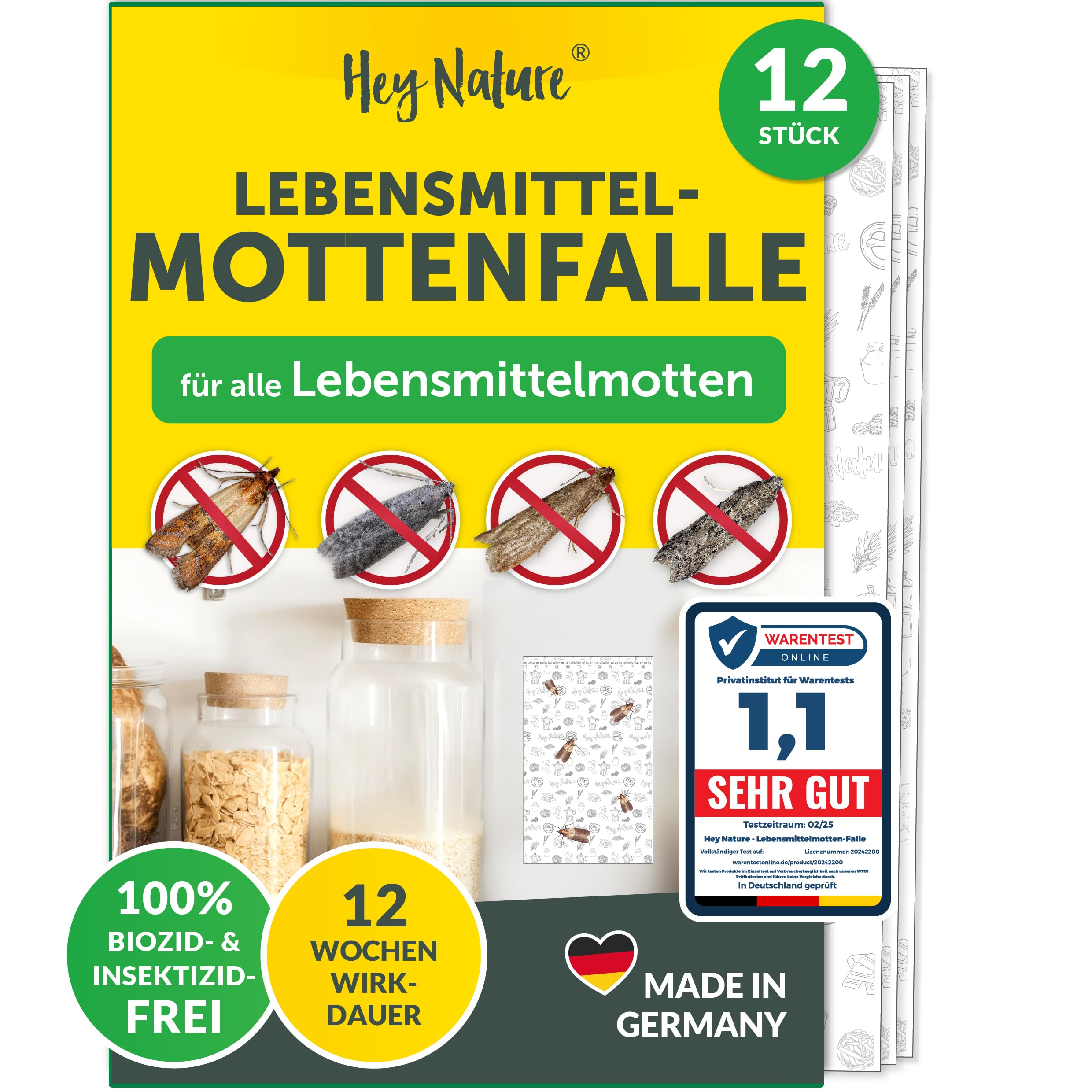 Hey Nature Lebensmittelmottenfalle, insektizidfrei, pheromonbasiert mit maximaler Lockwirkung, 12 Stück, zur Befallsermi