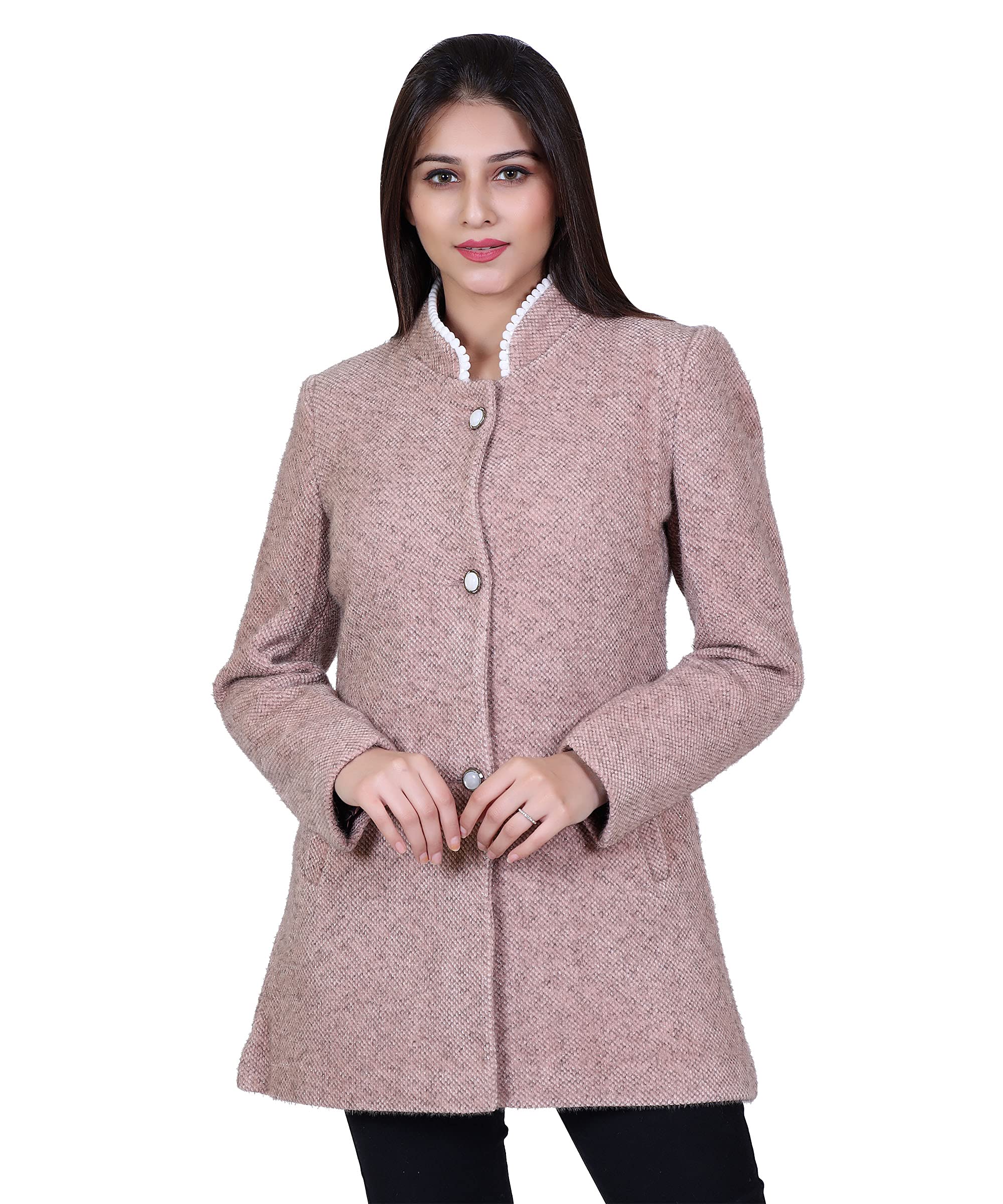 Comfy SparrowWomen Solid Woven Hip Length Coat with Standing Ban Designer Collar