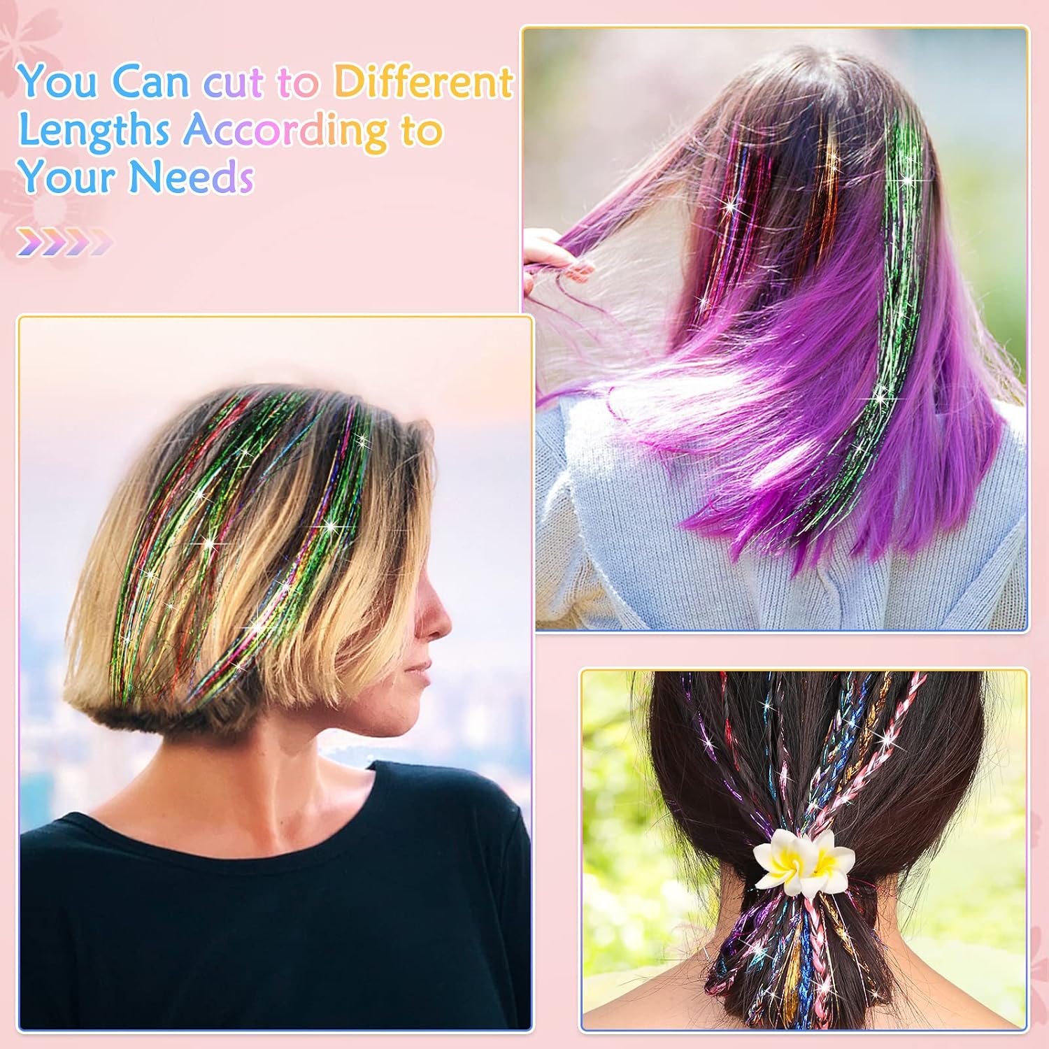 14 Colors Hair Tinsel Kit with Tool, 47 inch 2800 Strands Tinsel Hair Extensions for Women Girls, Fairy Hair Tinsel Glitter Sparkling Shiny Colorful Synthetic Hair for Party Daily Life Fashion
