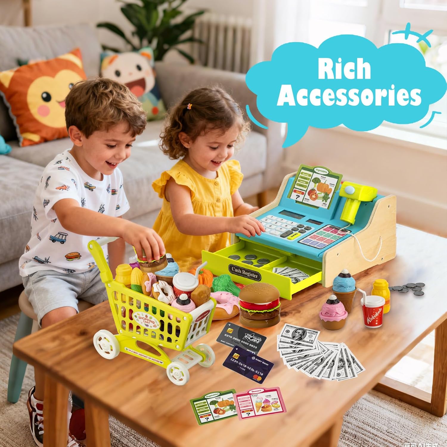 Wooden Cash Register for Kids with Shopping Cart Rechargeable Kid Cash Register with Scanner Gift for Kid Age 3 4 5 6 7 8 9 Year Old Pretend Play for Toddlers Toys for 3-12 Year Old Kids
