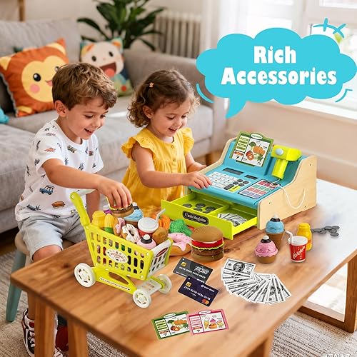 Miniatura 7 de Caja registradora de madera para niños con carrito de la compra, caja registradora recargable con escáner, regalo para niños de 3, 4, 5, 6, 7, 8, 9