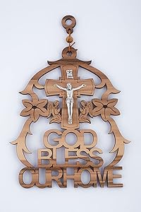 Wooden God Bless Our Home Plaque with Crucifix Cross (7.2 Inch), Wood Home Blessing Sign Crafted in Israel – By Olive Wood Gifts Shop