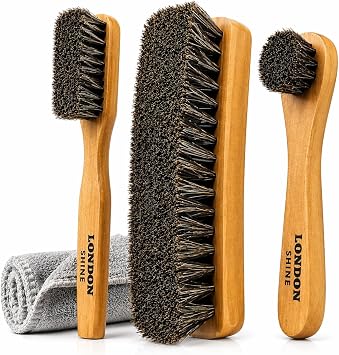 London Shine Shoe Shine Brush Kit, 4 Piece Horsehair Shoe Polish Brush Set for Leather Shoes & Boots, Shoe Care Cleaning Kit with Dauber Applicator Brushes, Suede Cleaner Brush and Microfiber Cloth.