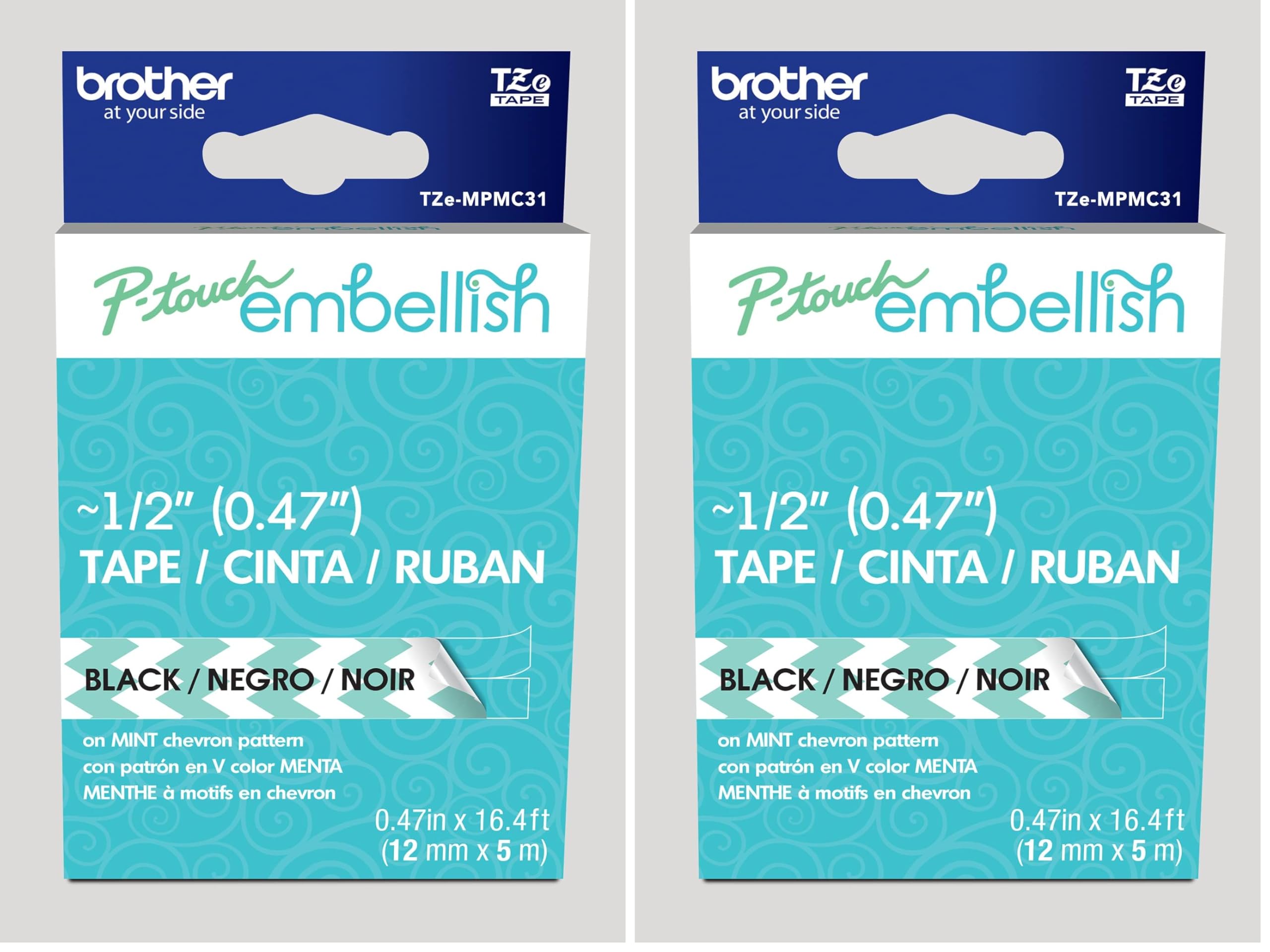 Brother P-Touch Embellish Black Print on Mint Chevron Pattern Tape TZEMPMC31 – ~½” Wide x 13.1’ Long for use with P-Touch Embellish Ribbon &amp; Tape Printer (Pack of 2)