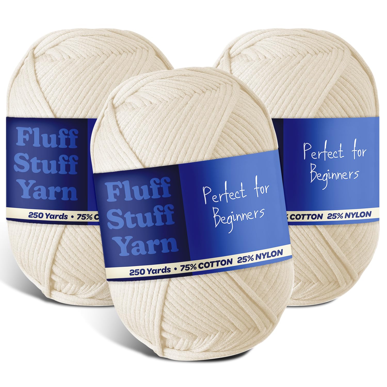 Soft Yarn – Crochet &amp; Knitting Yarn, Beginner Yarn with Easy-to-See Stitches, 3 Pack of 250 Yds Amigurumi Yarn, Cotton-Nylon Blend Tshirt Yarn, Worsted Weight Yarn 4, Cream Yarn