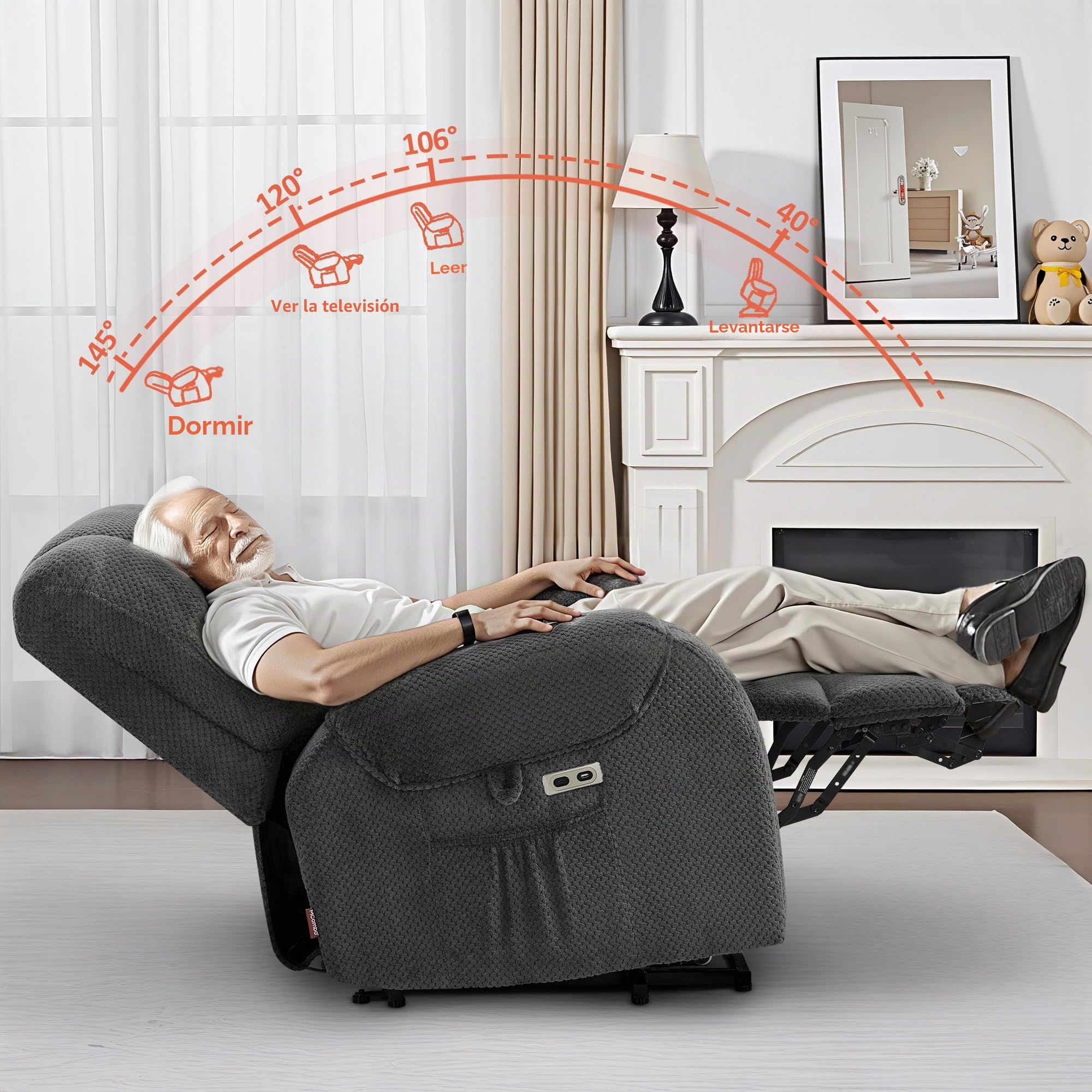 M MCombo Sillón eléctrico con Ayuda para levantarse, con Masaje y calefacción, sillón de Relax con función reclinable hasta 145° 35D, cojín de Espuma Completa, Soporte Oculto 7252 (Tela, Gris Oscuro)
