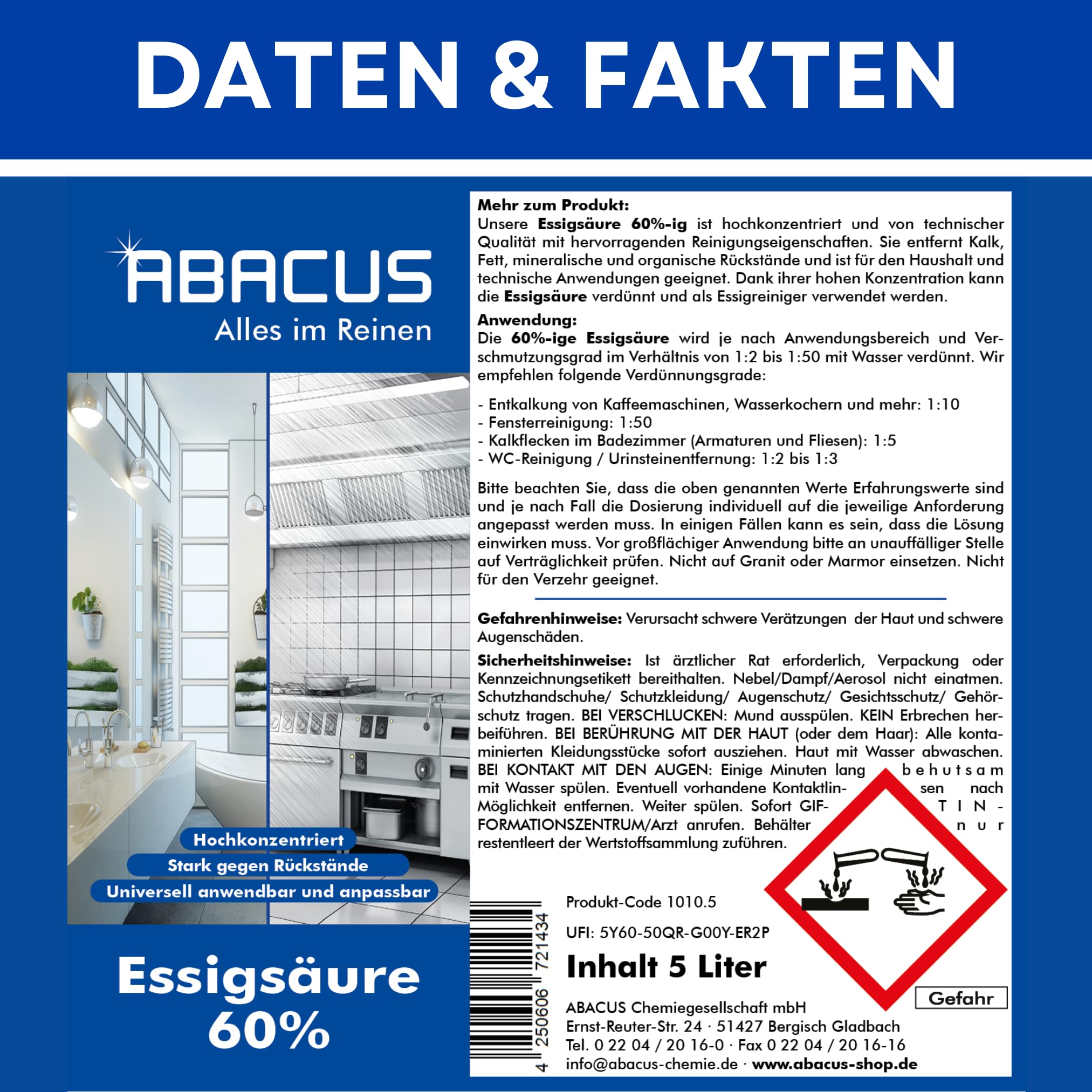 ABACUS® Essigsäure 60% | Hochkonzentrierte Essigsäure für Haushalt, Garten & Industrie | Vielseitig einsetzbar als Essigreiniger zum Reinigen & Entkalken | Individuell verdünnbar | 15 Liter