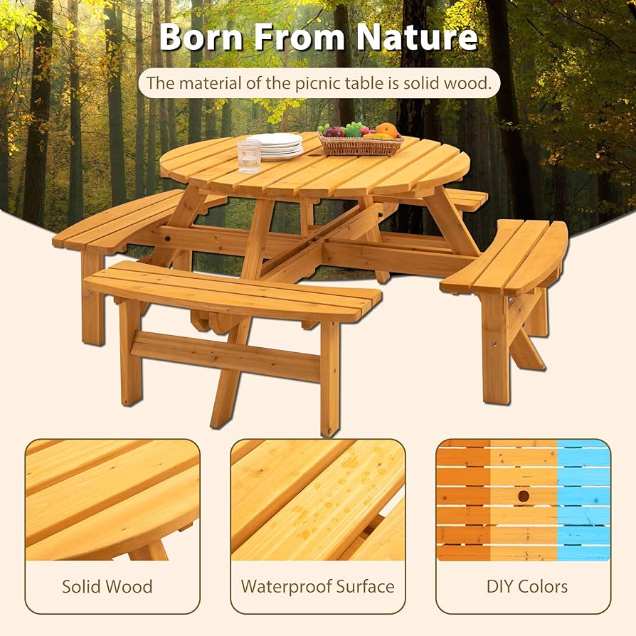 ABIES Rounded Wooden Garden Picnic Table With Attached Benches Set - Light Green (Natural) Or