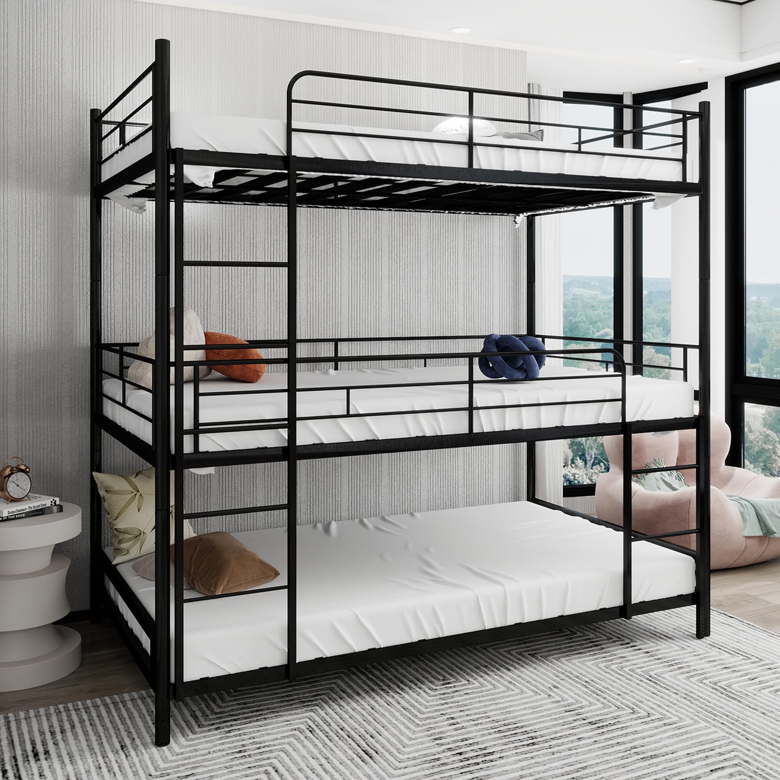 Letto a castello a tre piani, 90 x 190 cm, con scaletta, in metallo nero, per bambini/adolescenti/adulti, camera da letto/dormitorio (senza materasso)