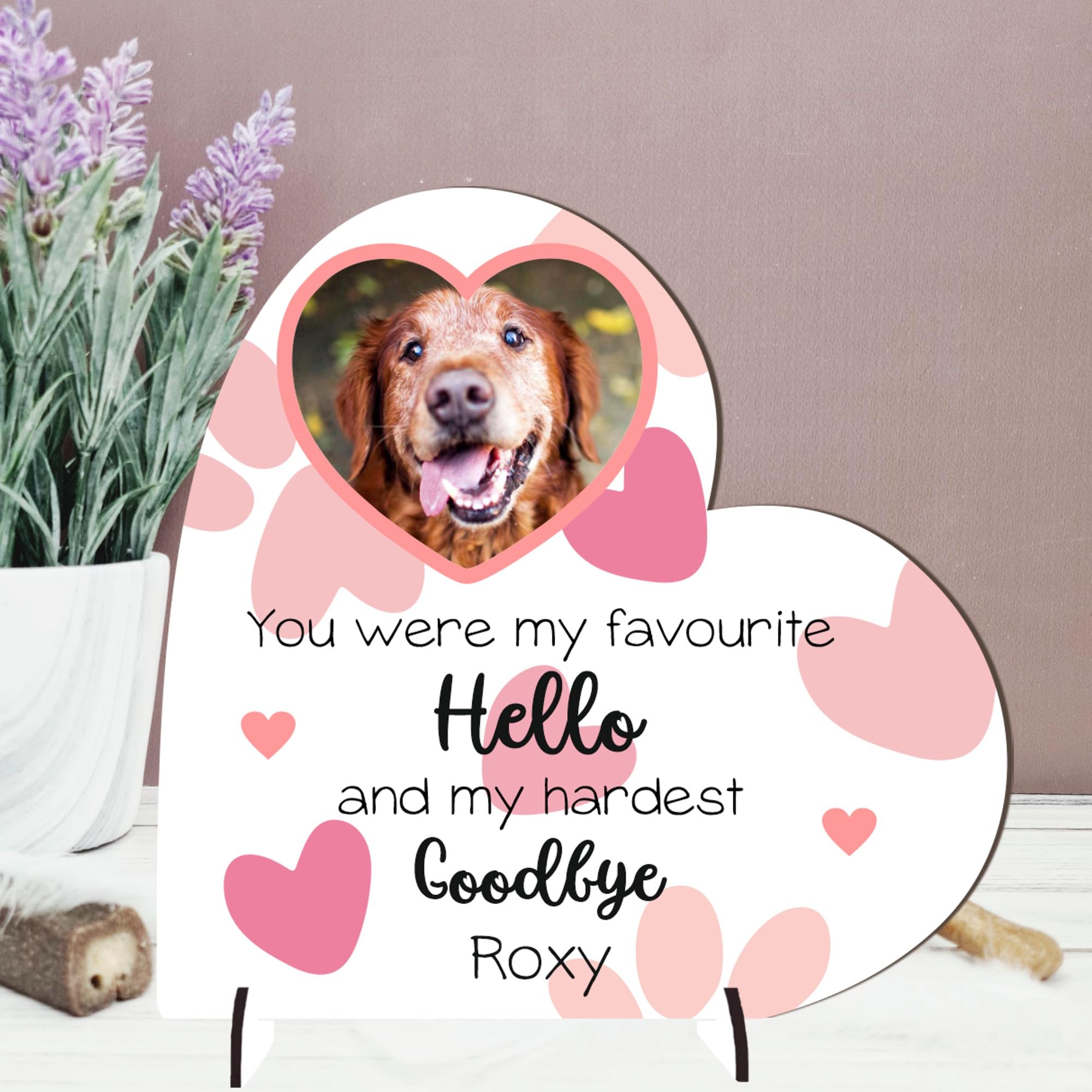 Personalised Pet Memorial Plaque – 'You Were My Favourite Hello' – Available in MDF or Acrylic, Sizes Small to Large – Indoor & Outdoor Use (Mdf Wood 13.5cm x 13.5cm, Pink)