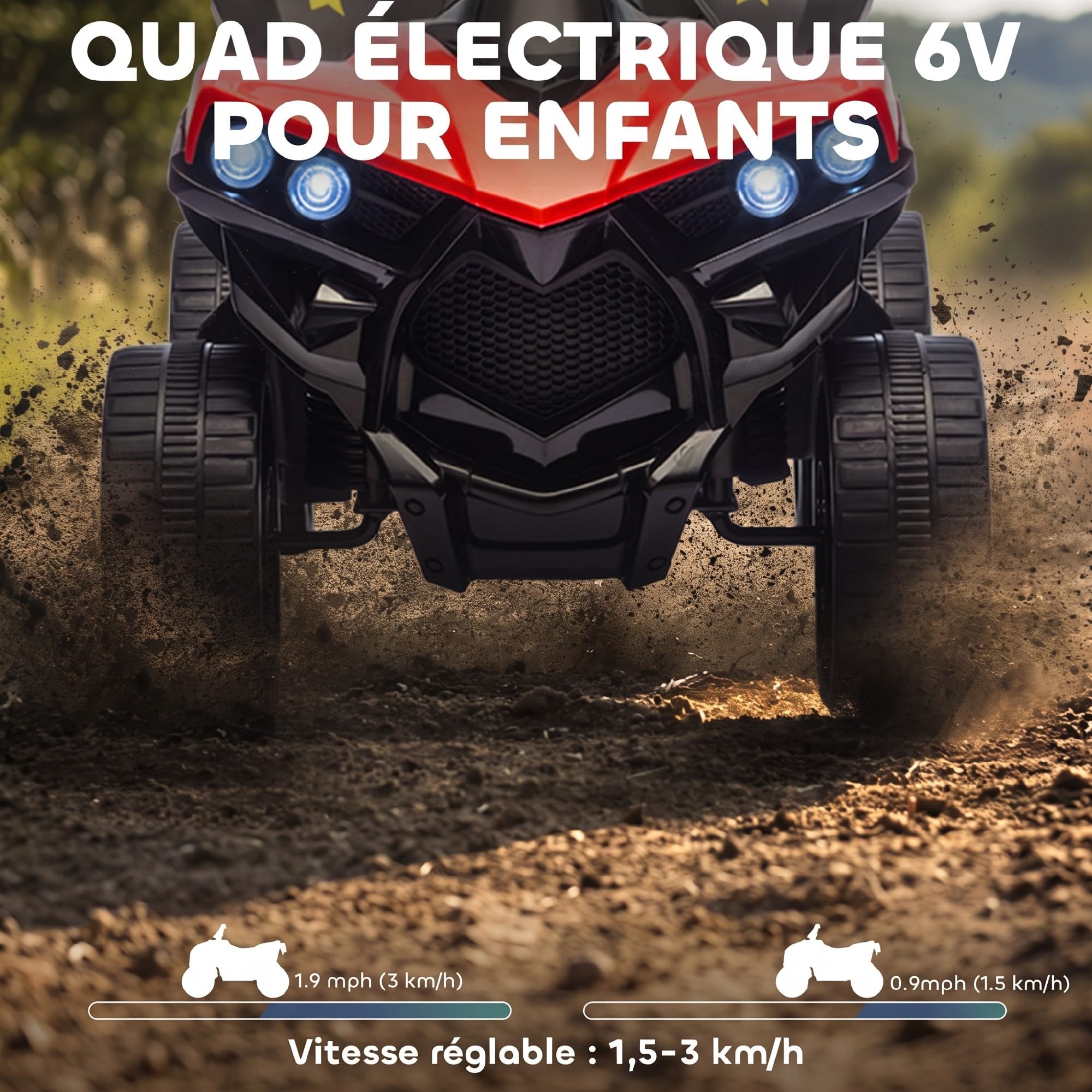 AIYAPLAY Quad Électrique Enfant 6V Musique et Phares LED 4 Roues Rouge