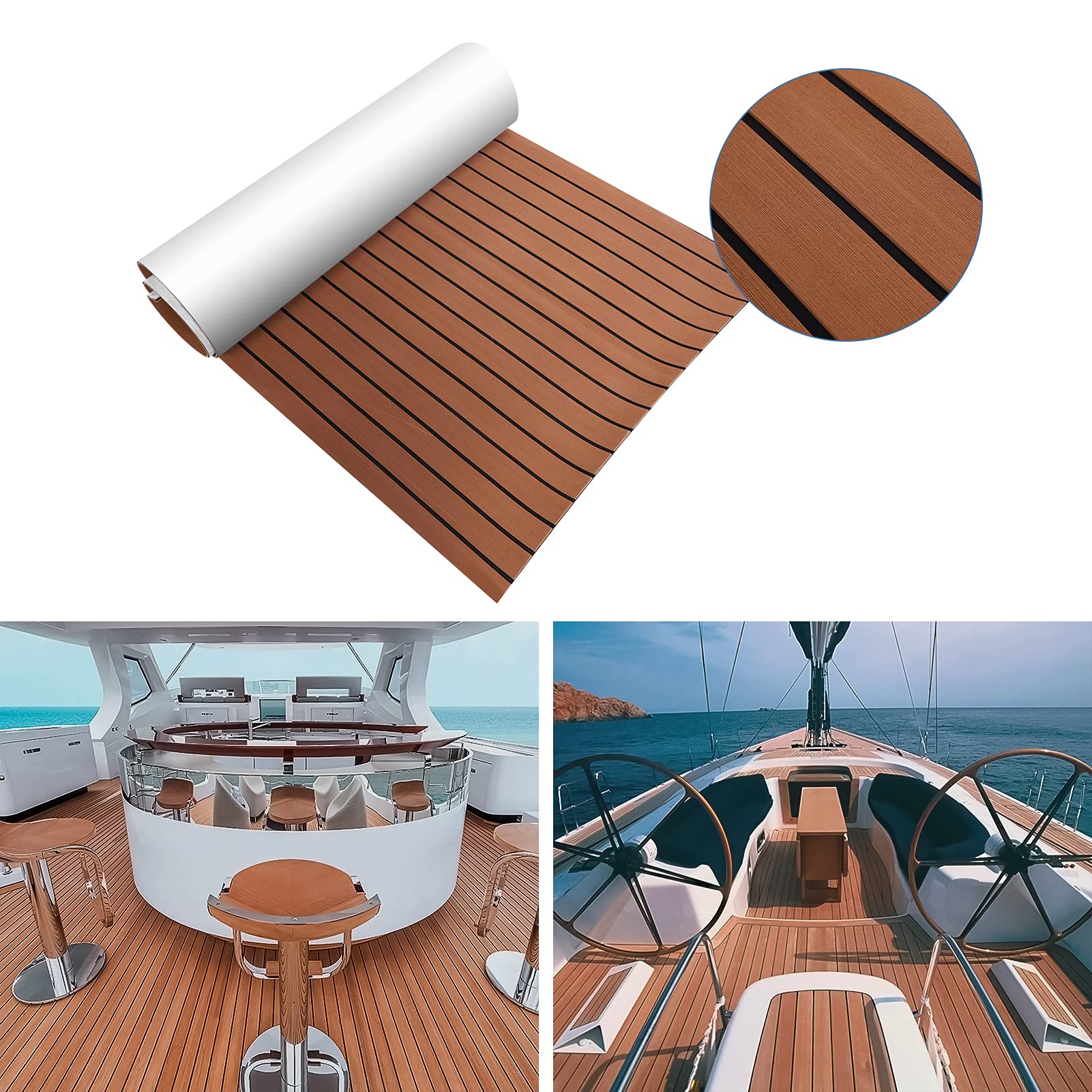 Ejoyous Bootsmatte aus Teakholz, Eva Marine rutschfest selbstklebend, 240 x 90 x 0,6 cm, für Yachten und Boote