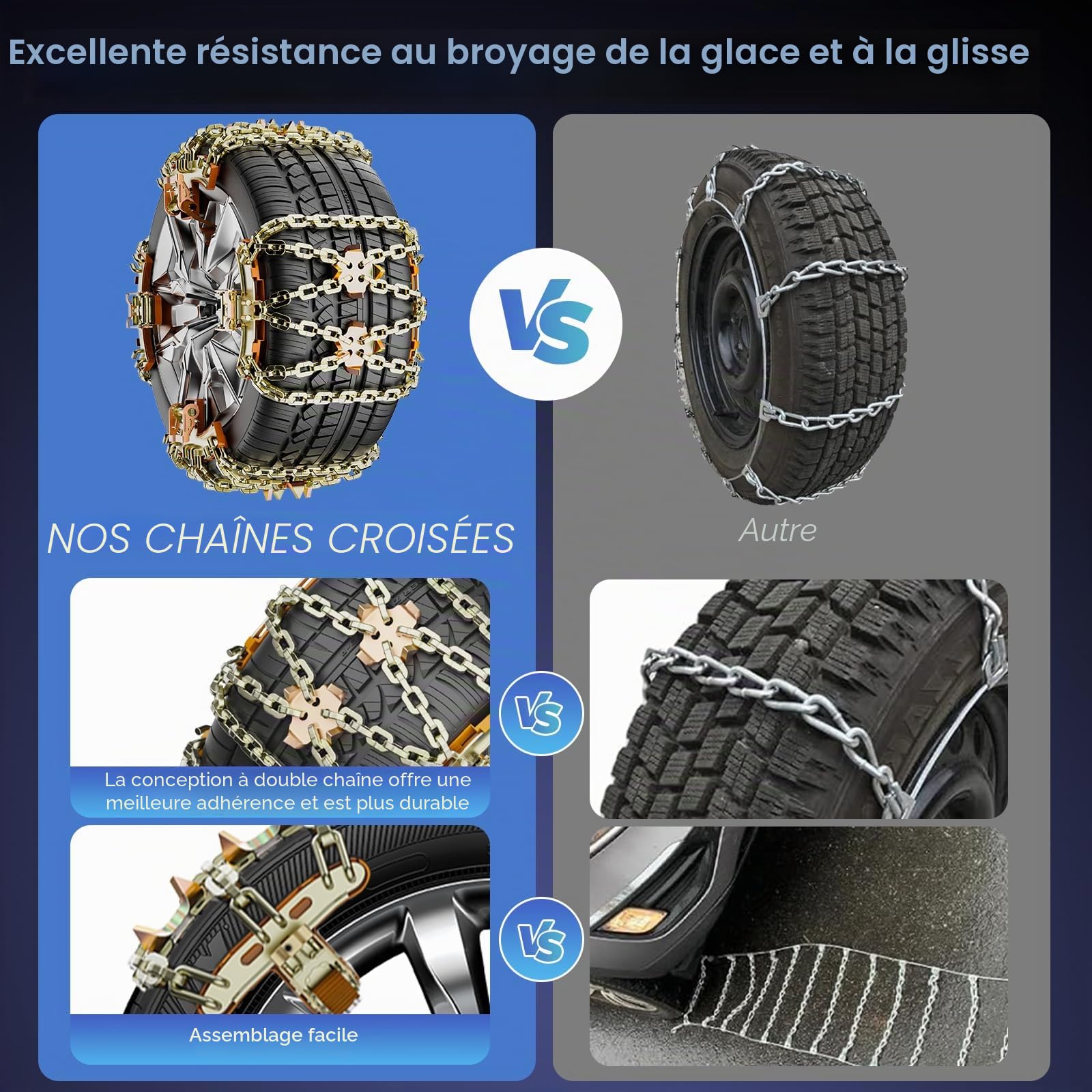 Chaînes à Neige 4pcs Réglables et Robustes pour Voitures, Camions, SUV - Largeur 165-265mm - Avec Pelle à Neige en Plastique et Gants