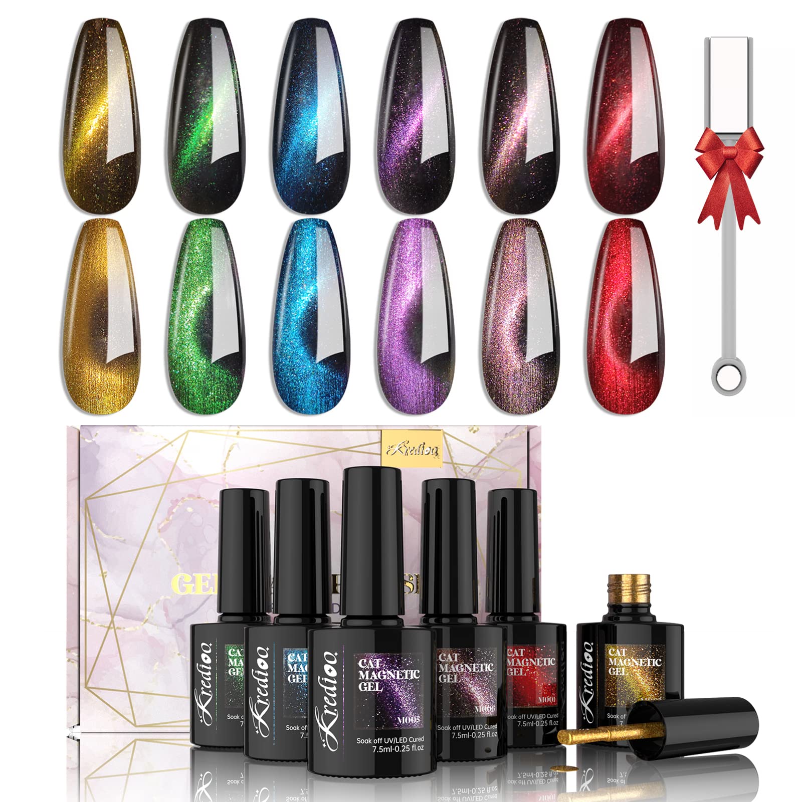 Kredioo Cat Eye Gel Nail Polish 9D - 6 Color Galaxy Cat Eye Milky Way Glitter Changing Phantom Chameleon Set - Gold, Red, Blue - Soak Off UV Gel Polish DIY Kit - Black Base Needed