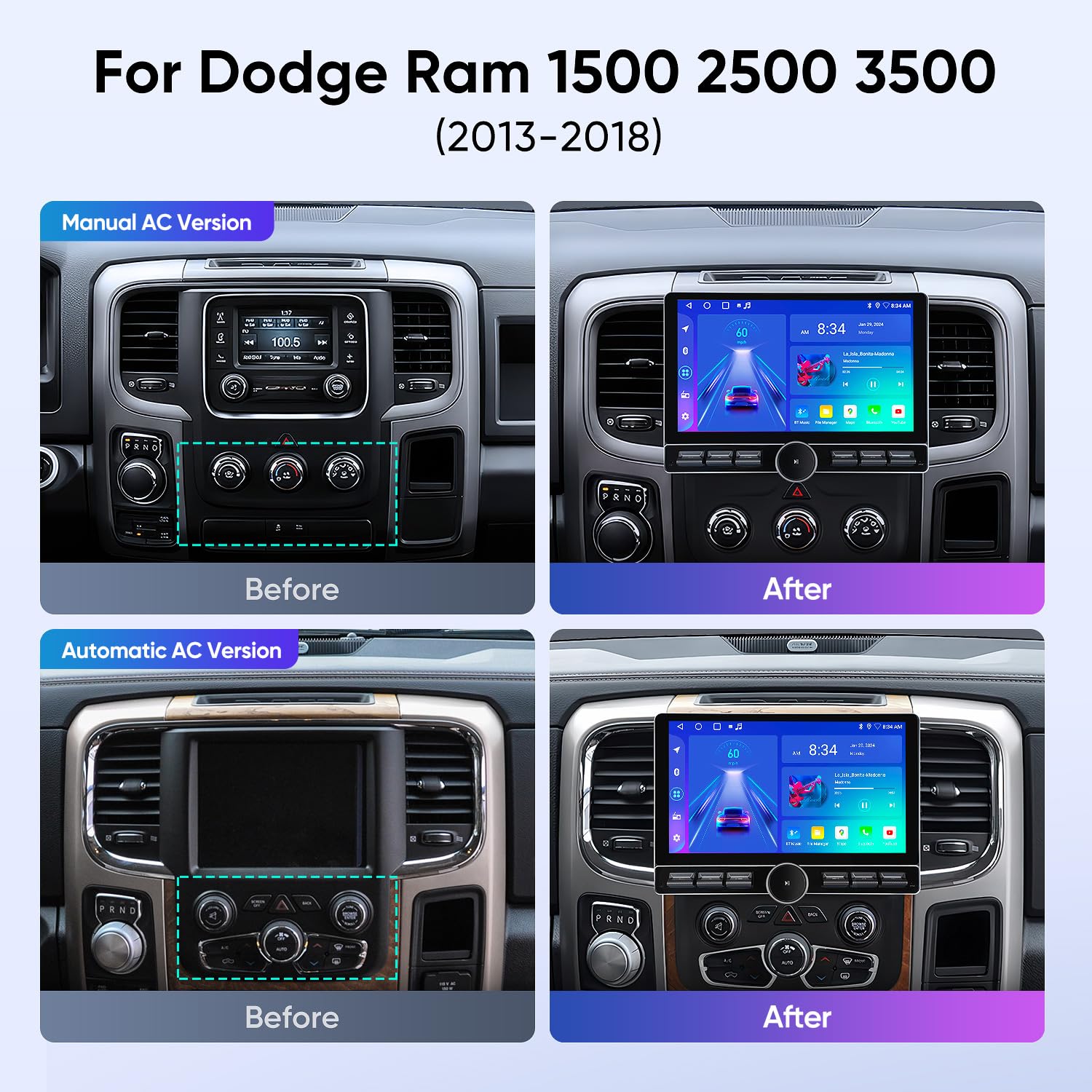 for Dodge Ram Radio 1500/2500/3500 Car Stereo 2013-2018|2019-2024 Classic | Manual/Auto AC |Wireless CarPlay Android Auto| Single Knob Keybutton Touch Screen| Android 13.0 |Steering Wheel Control