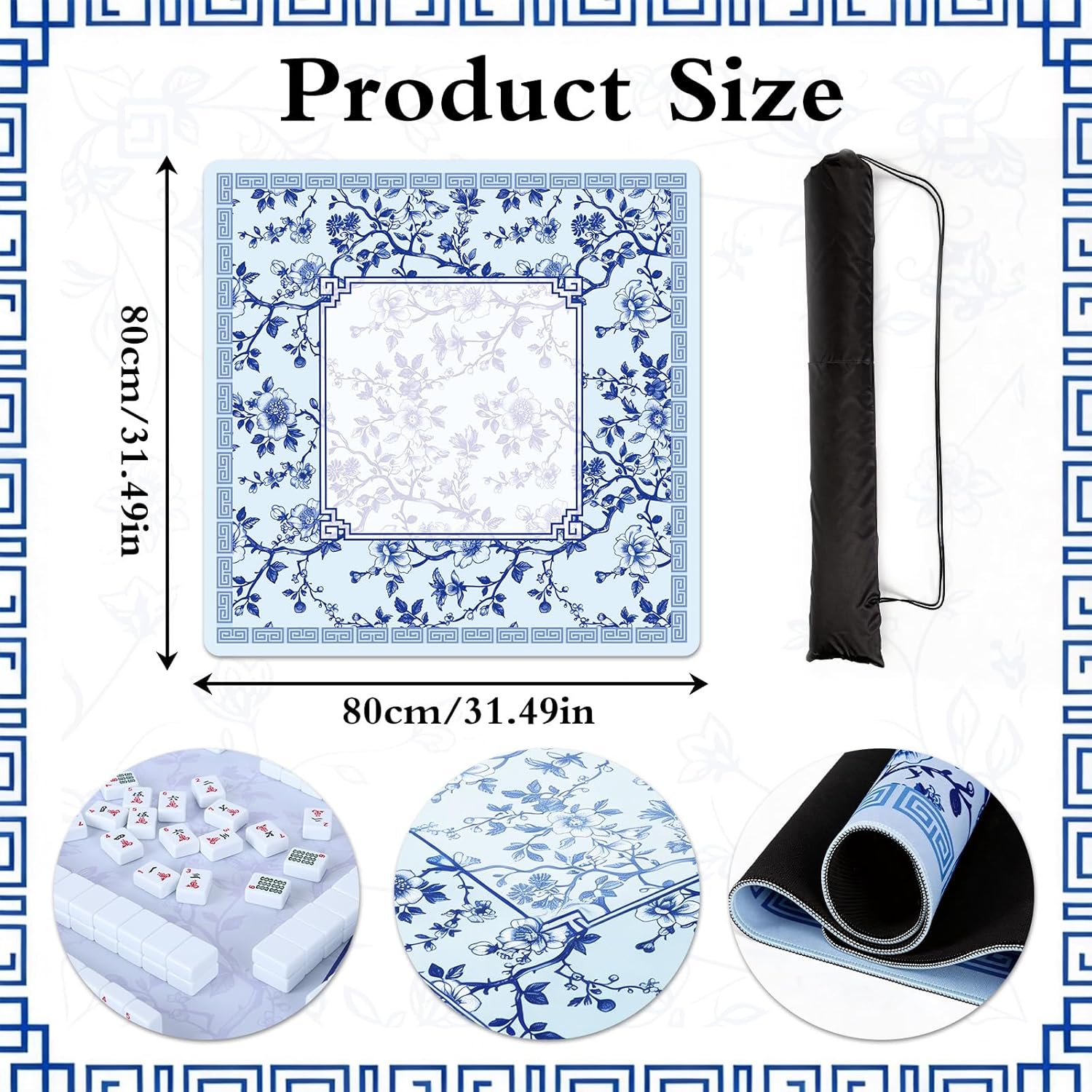 American Mahjong Mat for Table - Blue White Floral Mah Jong Mats with Carrying Bag 31.5''x31.5'' Non-Slip Noise Reducing Rubber Square Tablecloth for Board Tile Cards Games Lover Player Gift