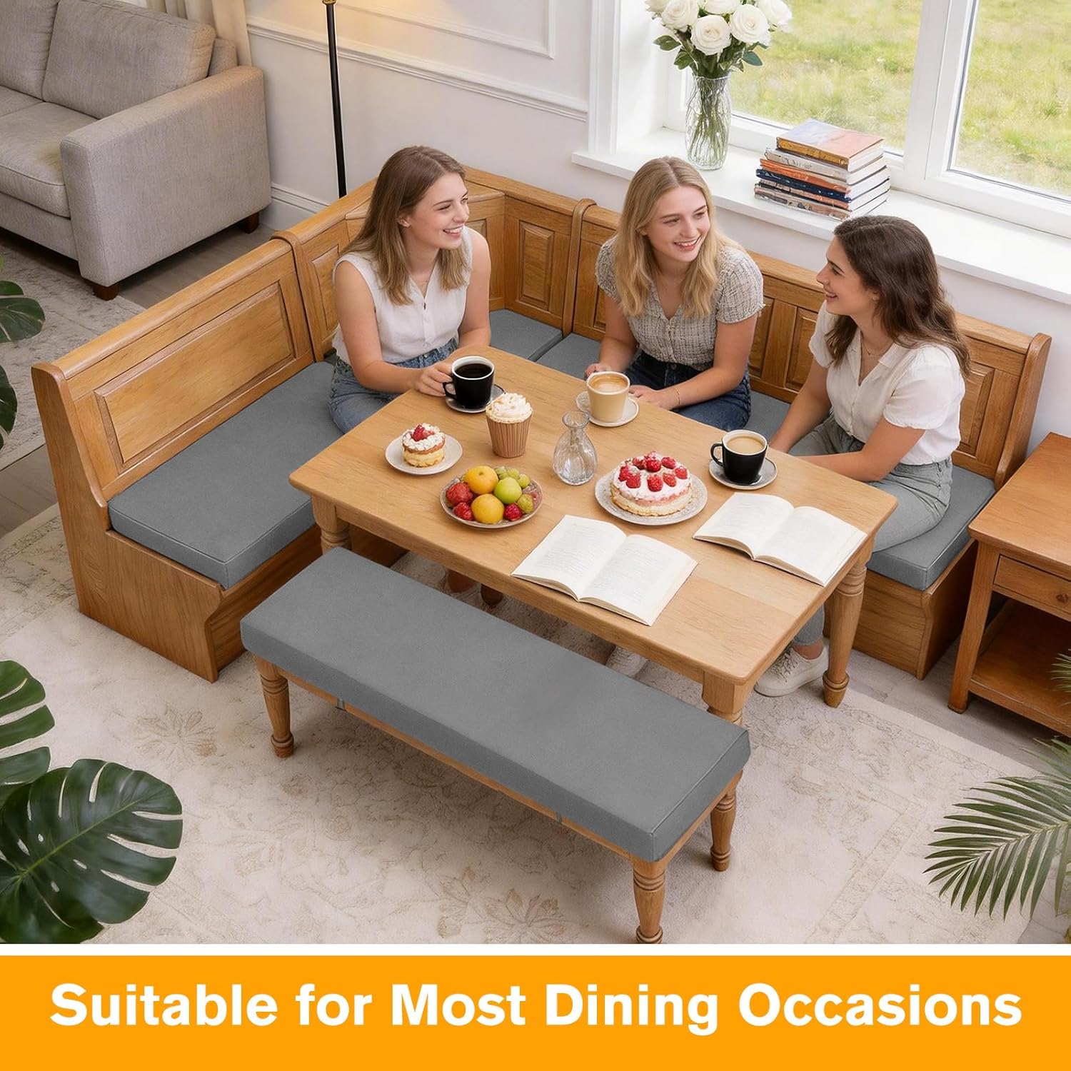 4-Piece Breakfast Nook Cushion Set, Water-Resistant & Removable Covers Breakfast Dining Nook, High-Density Foam Includes Straps Fits Corner Bench & Dining Set (Grey)