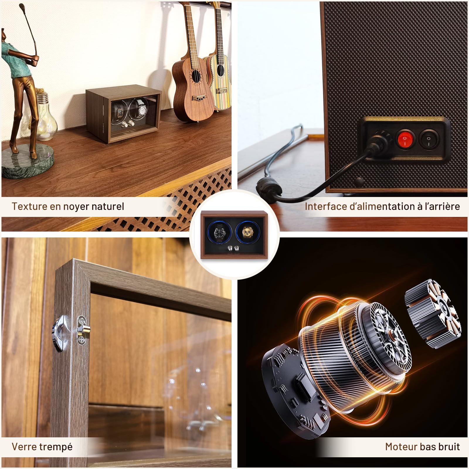 Remontoir pour 2 montres, bois de noyer noir, 4 modes de rotation avec éclairage LED, ultra silencieux