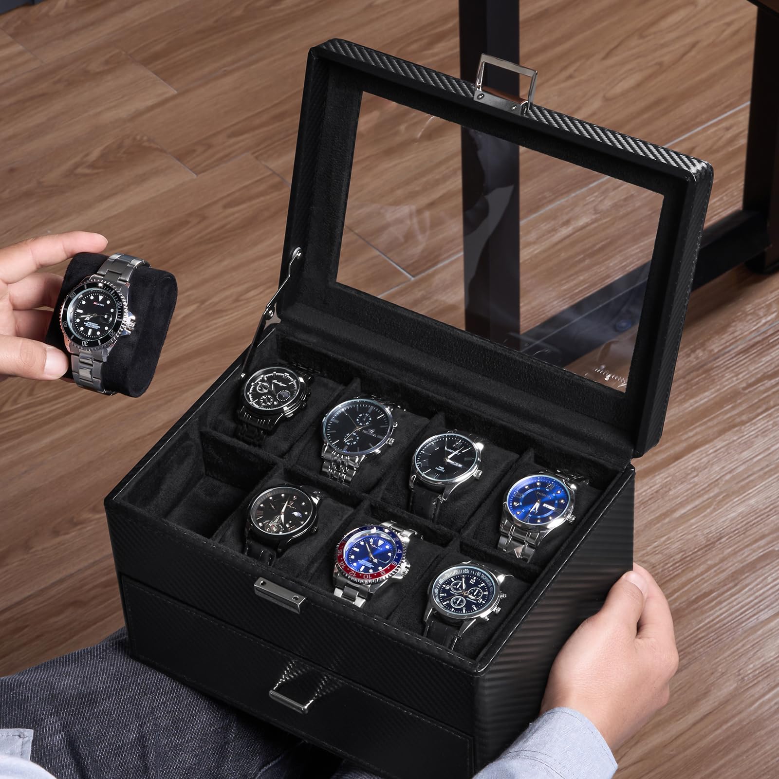 Caja para Relojes para Hombre, Organizador de Joyas con cajón, Estuche de exhibición con Tapa de Cristal - Totalmente Negro, 16 Ranuras