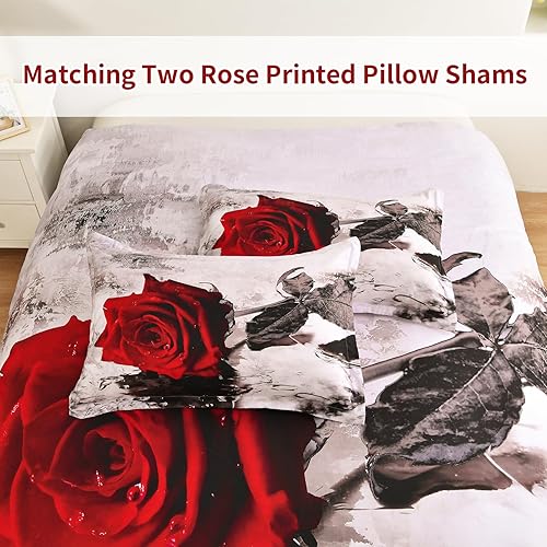 Miniatura 6 de WONGS BEDDING Juego de funda de edredón tamaño King, juego de ropa de cama de 3 piezas con estampado de rosas rojas con 2 fundas de almohada, funda