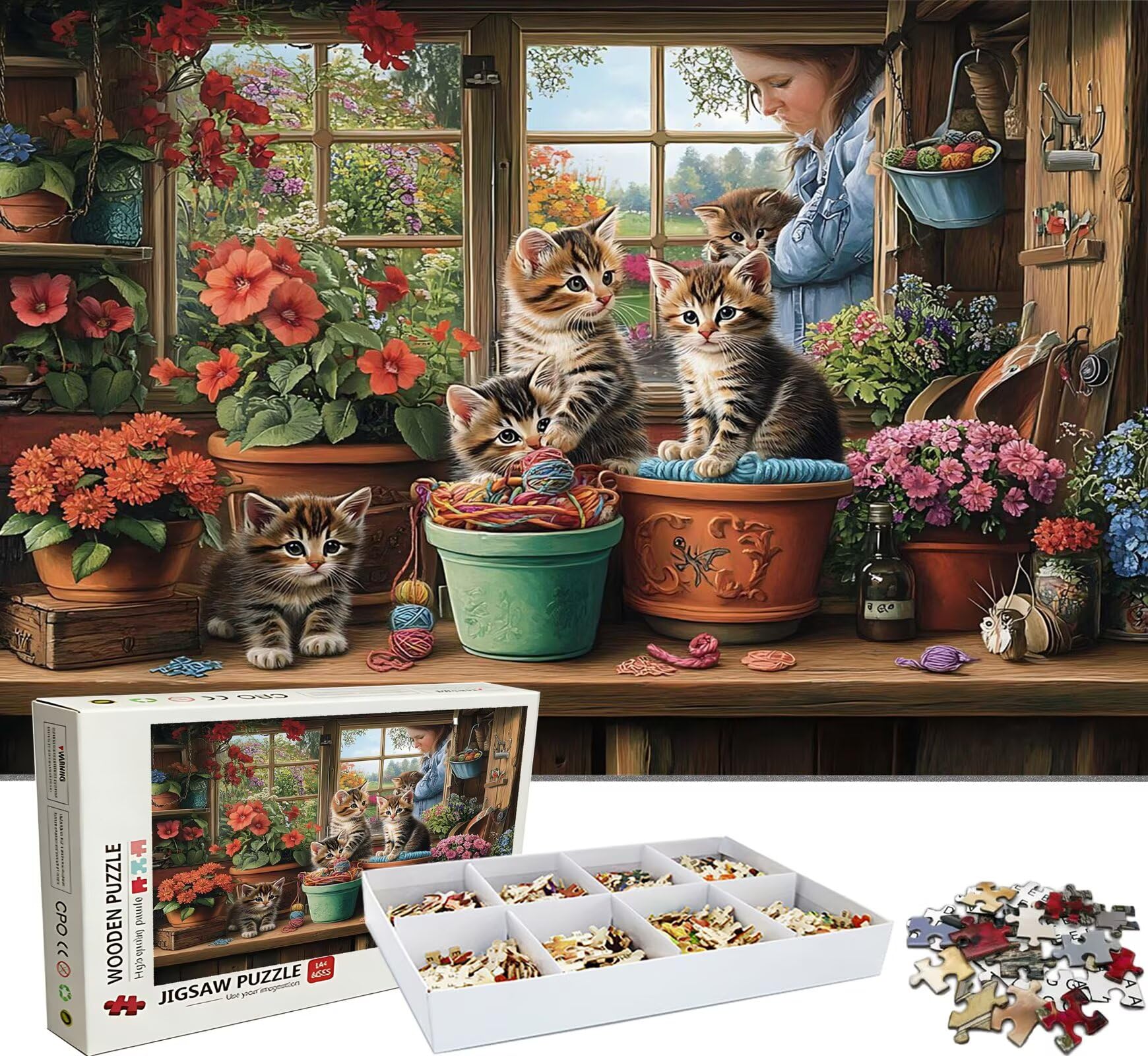 Puzzle 2000 Teile, Holzpuzzle Erwachsene - Impossible Puzzle 99.5 x 70.5 cm niffliges Denkspiel & Denksport für Frauen & Männer, Familienspiel,Home Dekor,Geschenk für Frauen, Katze Topfpflanzen w0-566
