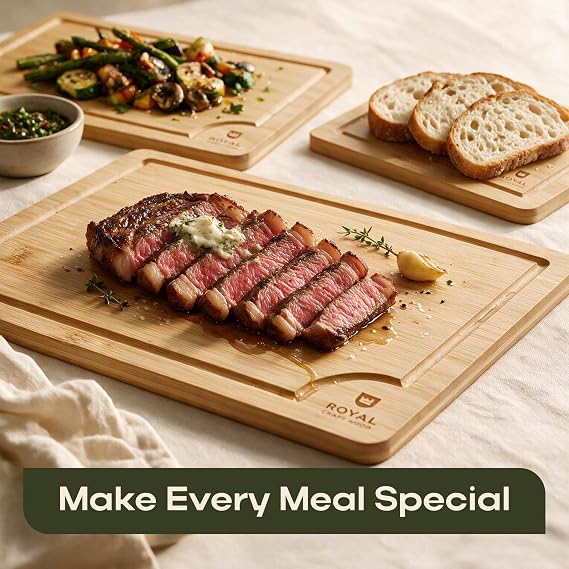 ROYAL CRAFT WOOD Wooden Cutting Boards for Kitchen Meal Prep & Serving - Bamboo Wood Serving Board Set with Deep Juice Groove Side Handles - Charcuterie & Chopping Butcher Block for Meat