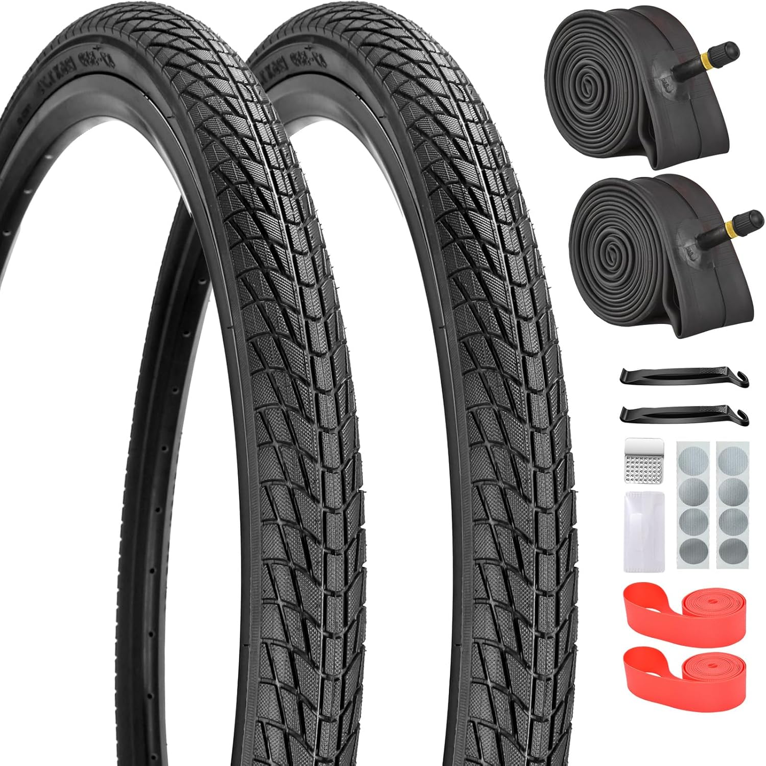 20/24/26 Inch Bike Tire, 20x1.75/24x1.75/26x1.75 Foldable Bicycle Tires & Tubes, 32mm Schrader Valve with Repair Kit, Rim Strip, Levers for MTB, Hybrid, Commuter, BMX Bicycles
