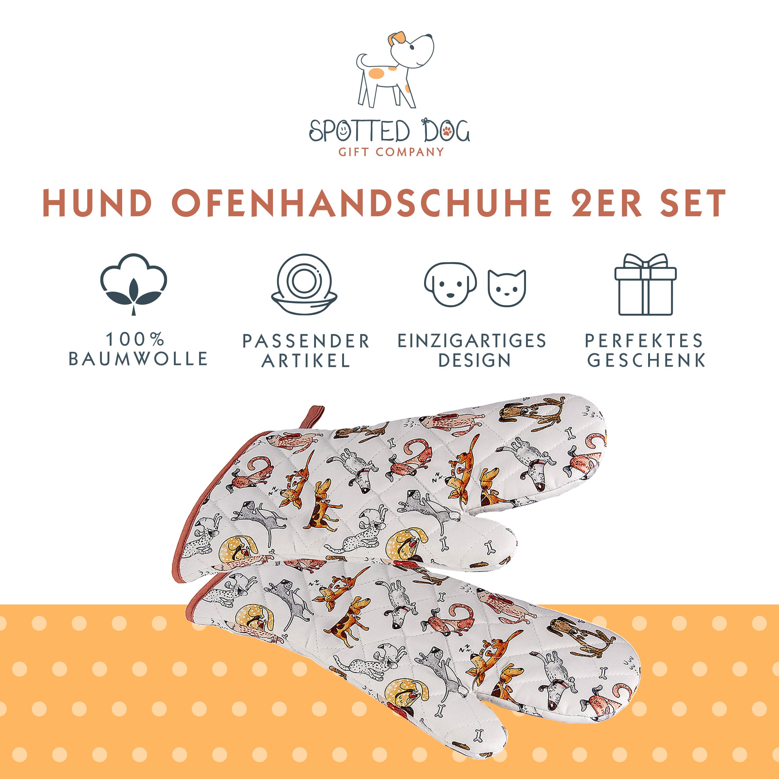 SPOTTED DOG GIFT COMPANY - Backhandschuhe Hitzebestaendig, Topfhandschuhe Ofenhandschuhe Lang mit Lustige Hund Motiv, Geschenk für Frauen Damen und Männer