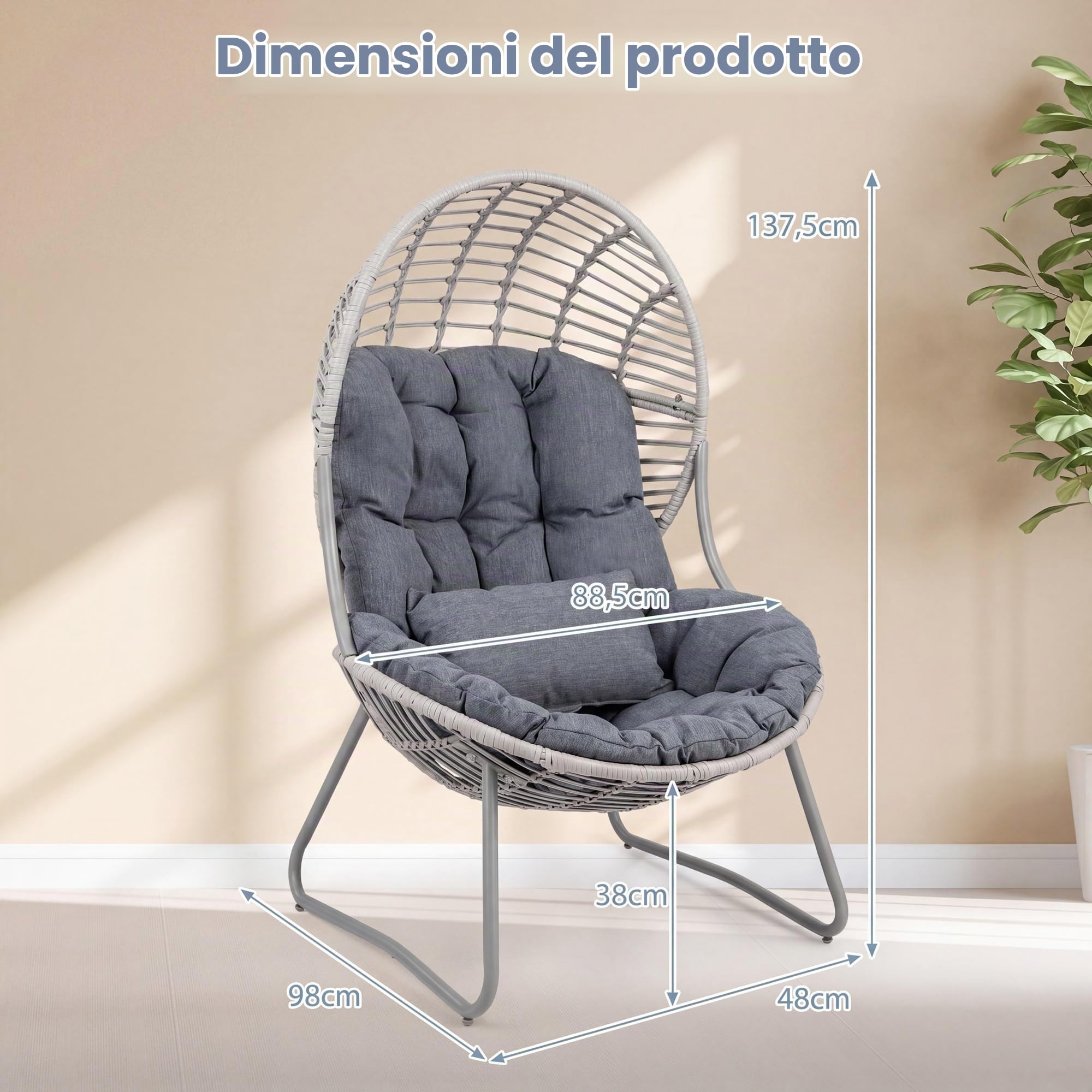 LIFEZEAL Poltrona da Esterno in Rattan PE, Poltrona a Forma di Uovo con Cuscino Rimovibile e Piedini Regolabili, Design Ergonomico, Sedia per Interno, Giardino, Balcone, 98 x 88,5 x 137,5 cm