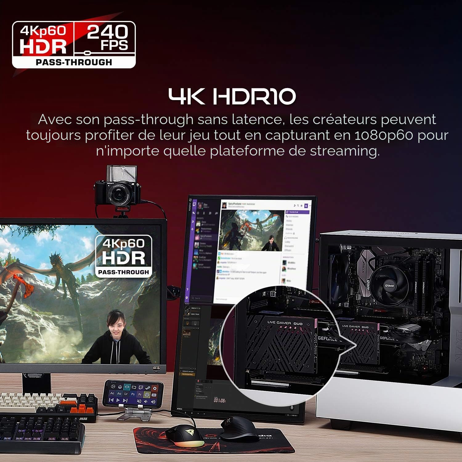 AVerMedia Live Gamer Duo - GC570D, 2 HDMI entrées, carte de capture vidéo 1080p 60fps non compressée, Pass-through 4K, fonctionne avec OBS, Noire