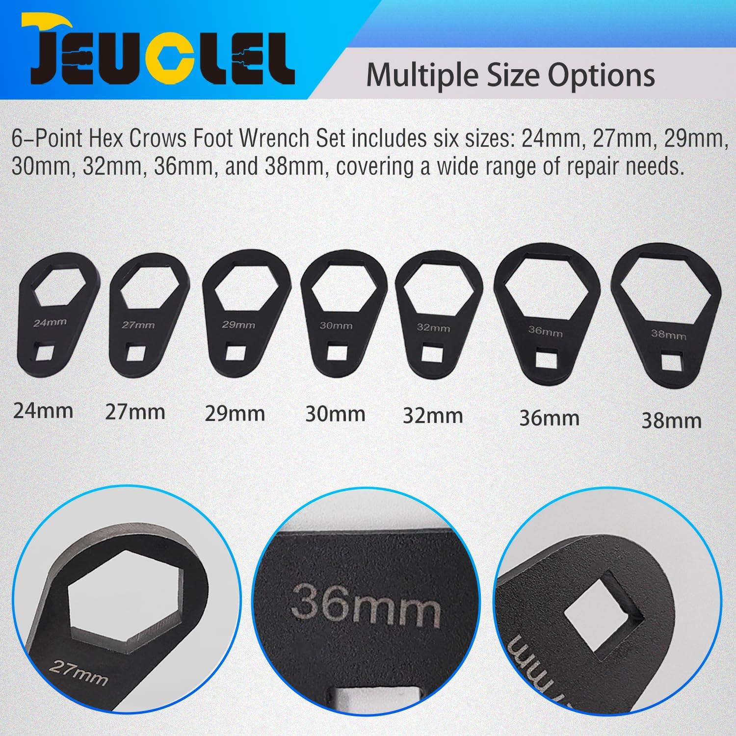 JEUCLEL 7PCS 6 Point 3/8" Drive Oil Filter Offset Cap Wrench Set, Crows Foot Ring Set - Image 2