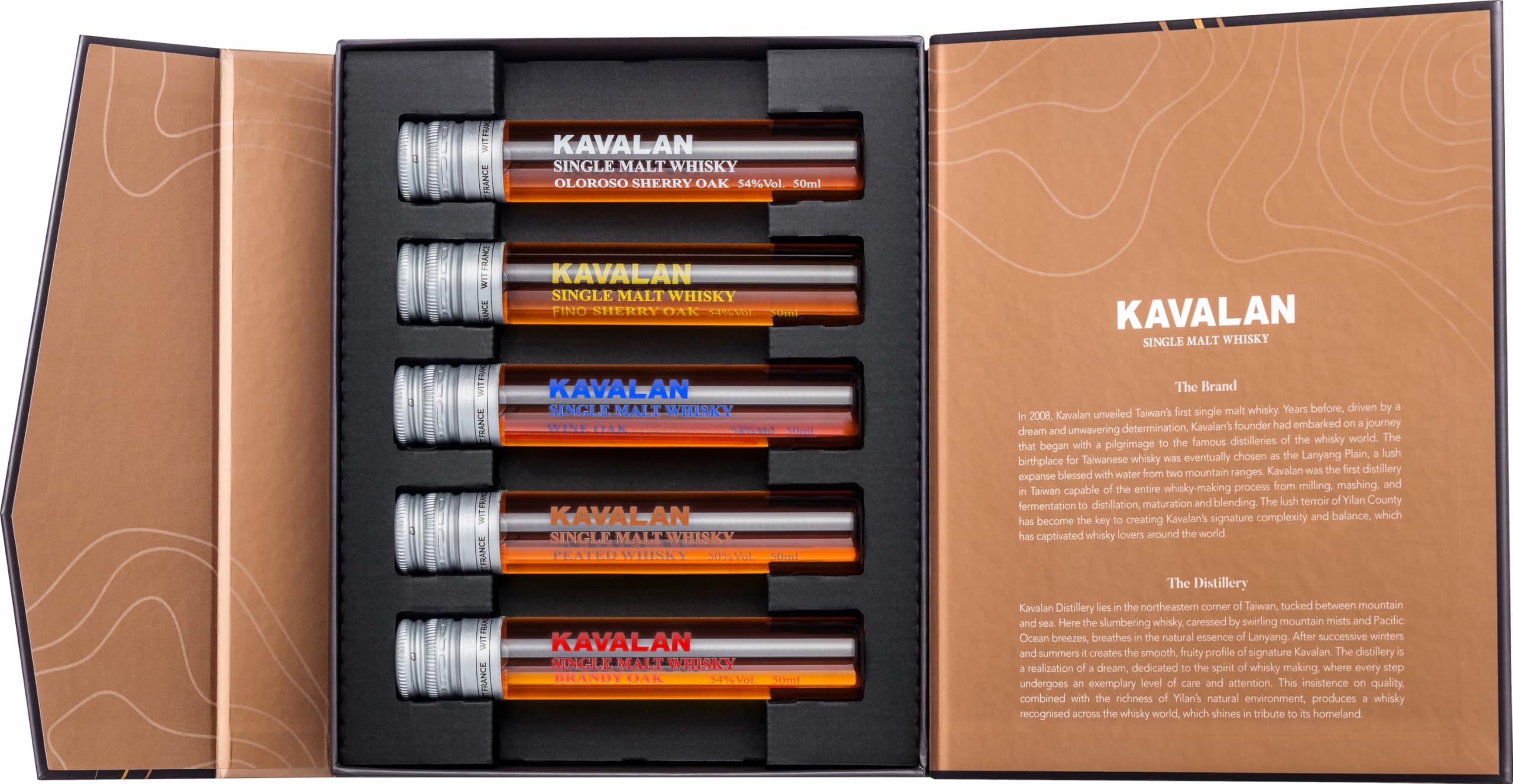 Kavalan Whisky Geschenk 5x50ml Tubes - Kavalan Oloroso Sherry Oak, Fino Sherry Oak, Wine Oak, Brandy Oak und Peated Single Malt Whisky Taiwan (1 x 0.25 l)