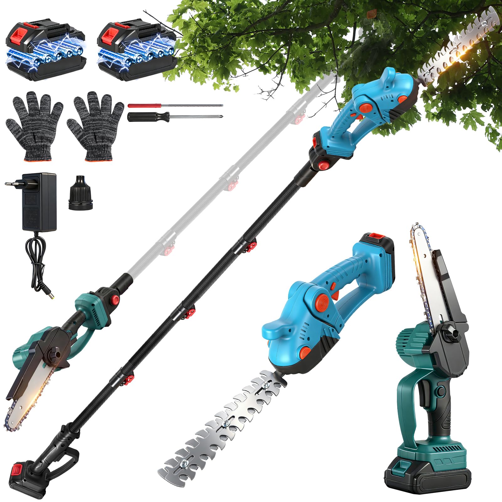 Motosierra y cortasetos, batería telescópica, combo 4 en 1, mini motosierra eléctrica de 8 pulgadas con 2 baterías de 2000 mAh, 4 cadenas, guantes y gafas de protección adecuadas para tijeras de podar