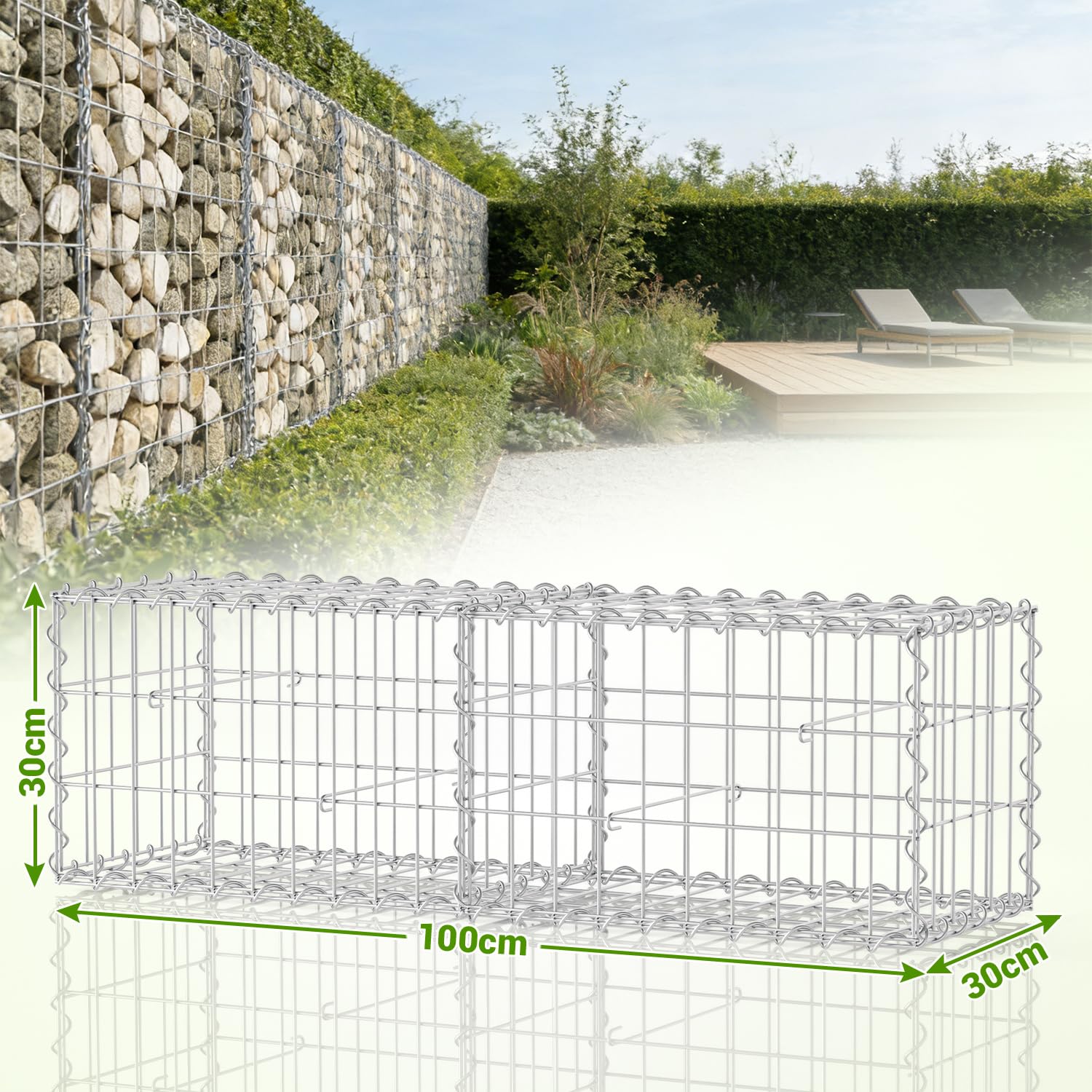 Lot de 4 gabions 100 x 30 x 30 cm, paniers gabions en acier galvanisé, épaisseur de fil 4 mm, largeur de maille 5 x 10 cm, gabion pour clôture et jardin, convient pour les pierres de 6 à