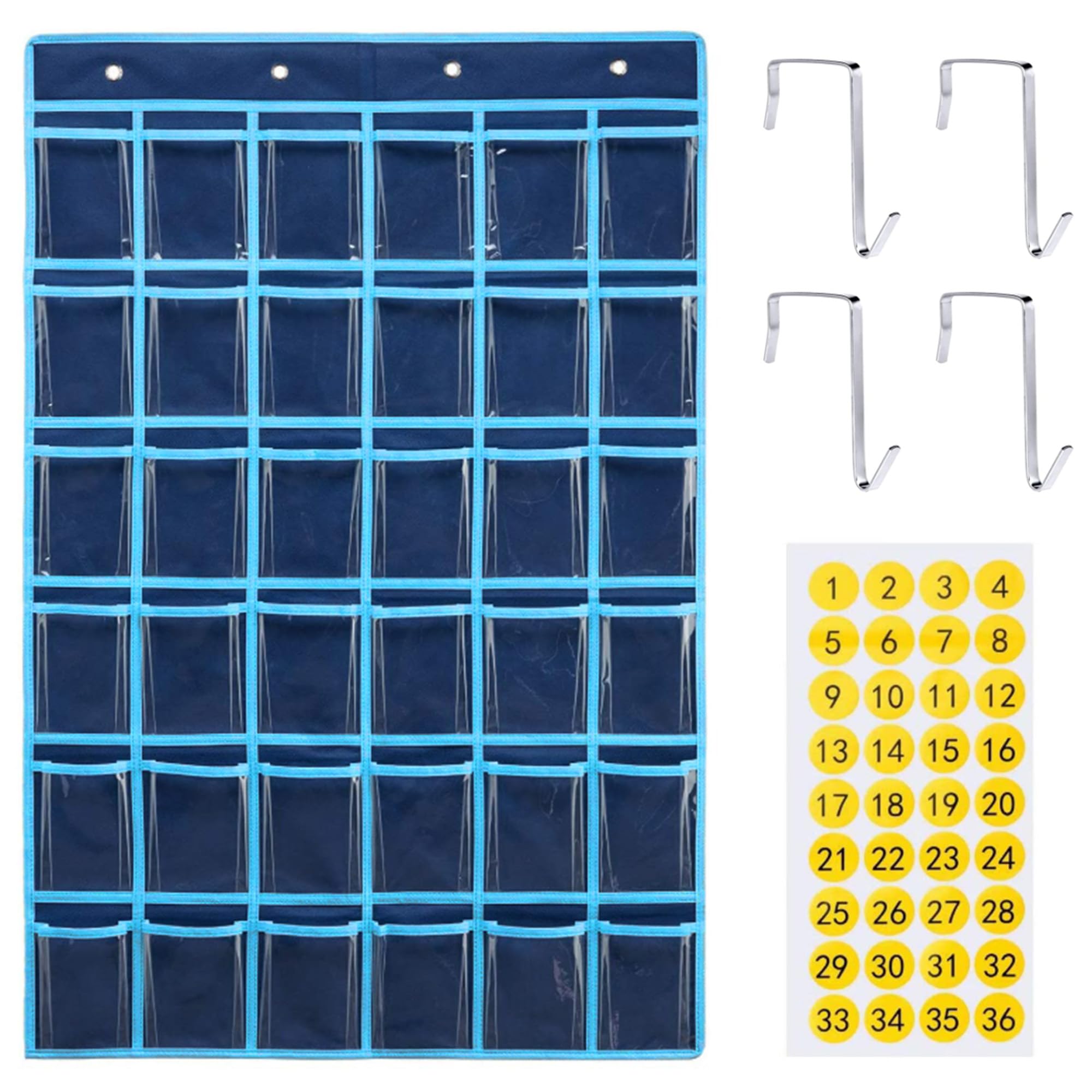 Sac Rangement Téléphone Portable Classe Sacs Muraux Numérotés Bureau Rangement Mural Mobile Mur Support Téléphone Organisateur Suspendu Multifonctionnel Avec 4 Crochets (Bleu B, 36 Poches)