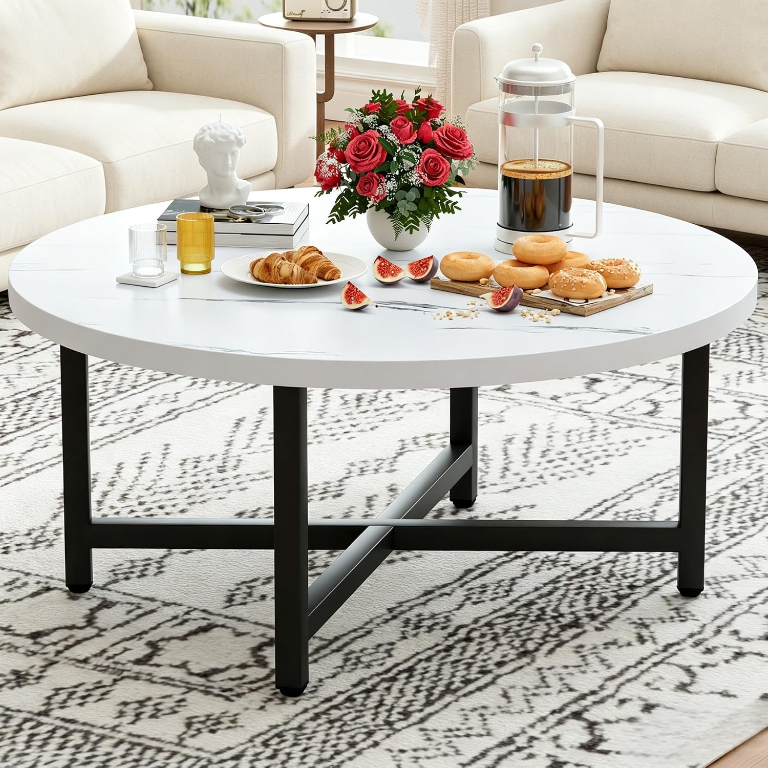 Round Coffee Table, 31.5" White Coffee Table, Coffee Tables for Living Room