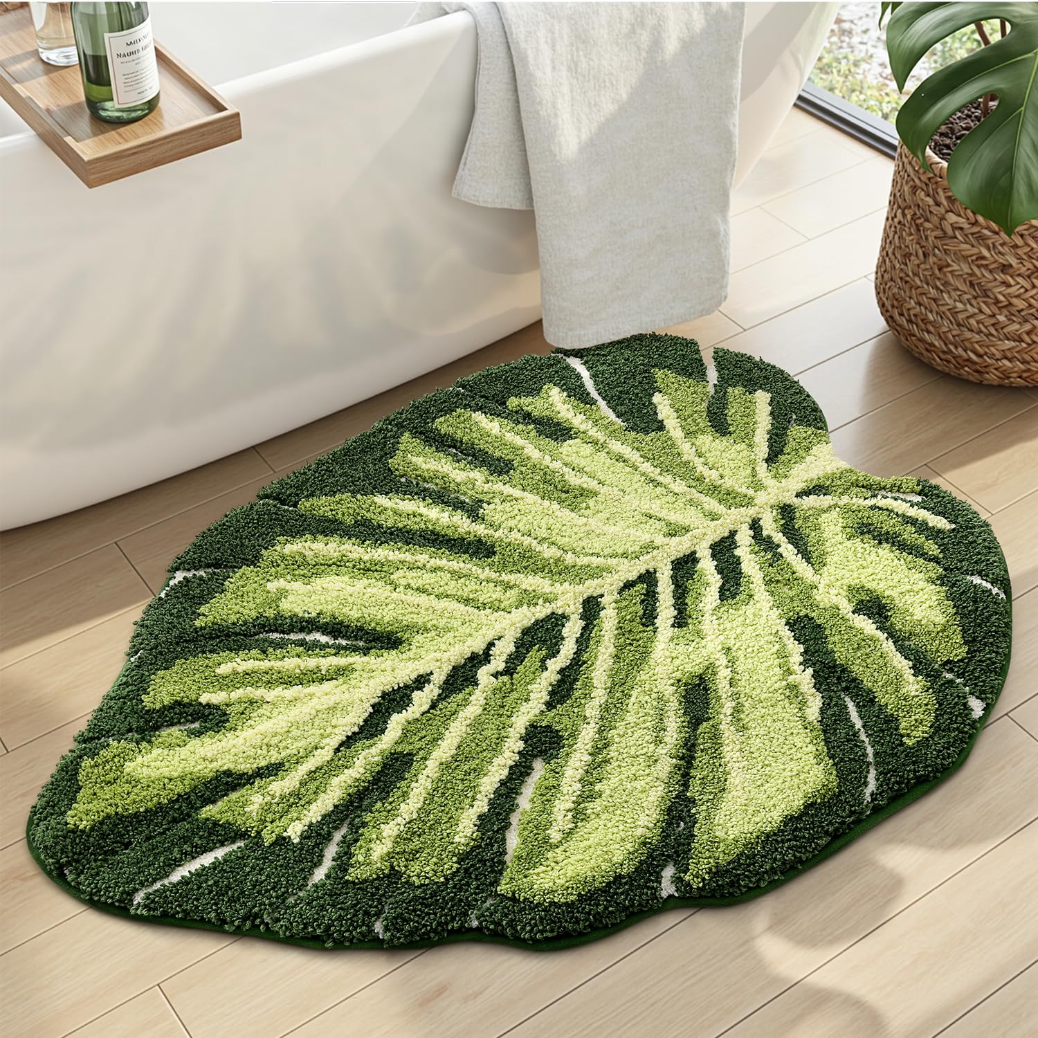 DEXI Bath Mat 80 x 120 cm, Non-Slip Absorbent Bathmat with Green Plant Pattern, Leaf Shaped Washable Rugs for Shower Floor, Bedroom, Bathroom Accessories Decor, Monstera — image 1