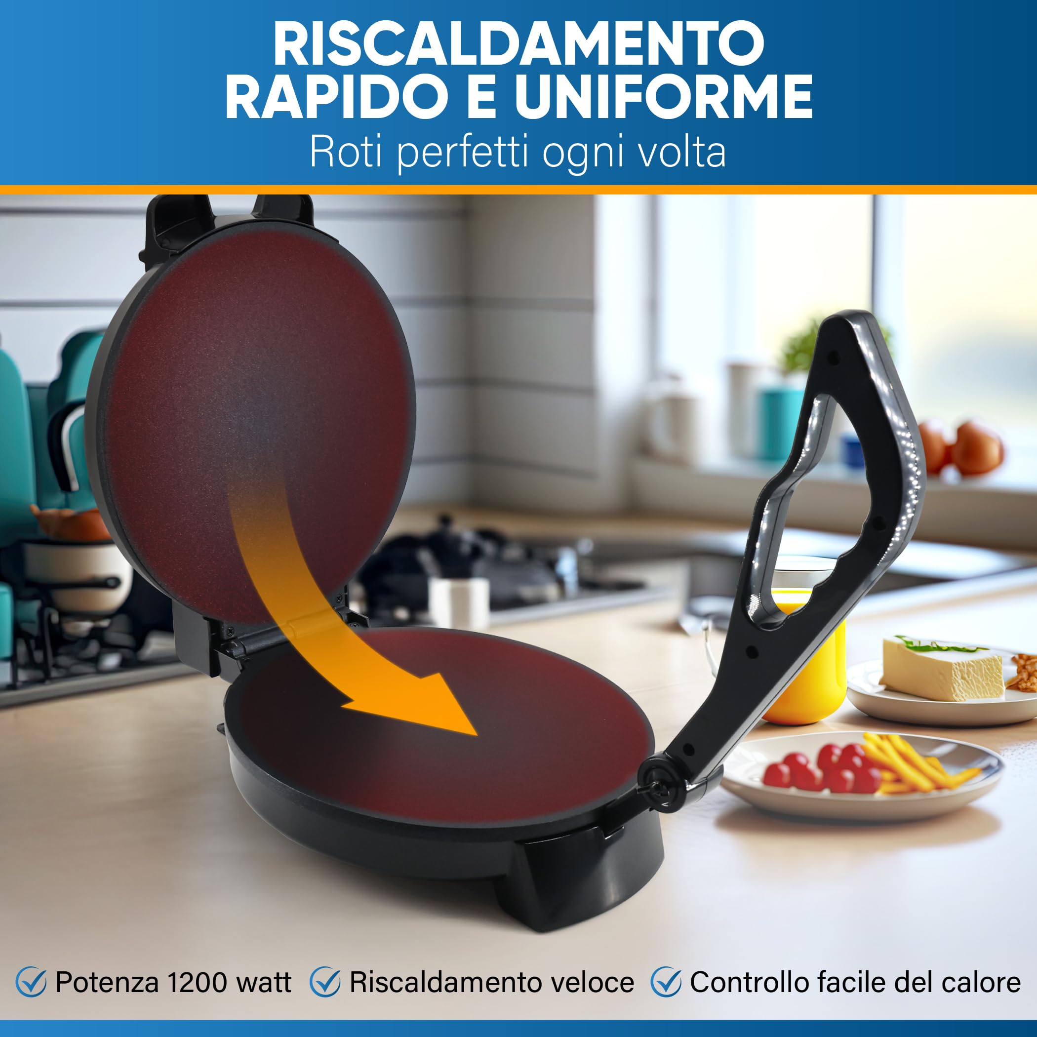 StarBlue Roti-Maker 25,4 cm con riscaldatore Roti gratuito e manico rimovibile - Indian Chapati Tortilla, Roti AC220-240 V 50/60 Hz 1200 W, spina europea