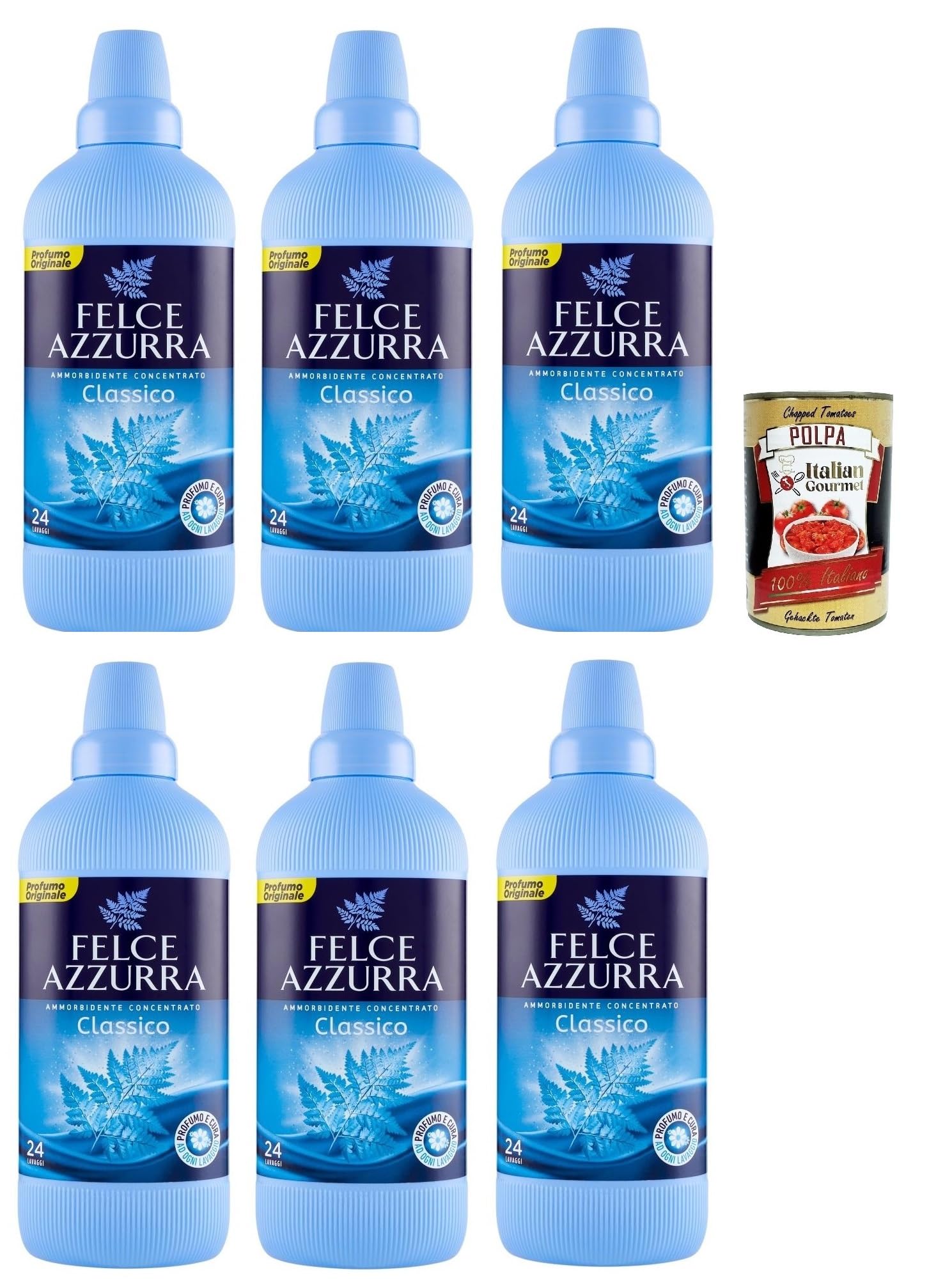 Felce Azzurra Assouplissant concentré parfumé Classico Parfum sensuel 24 lavages 6 x 600 ml + Italian Gourmet Polpa 400 g
