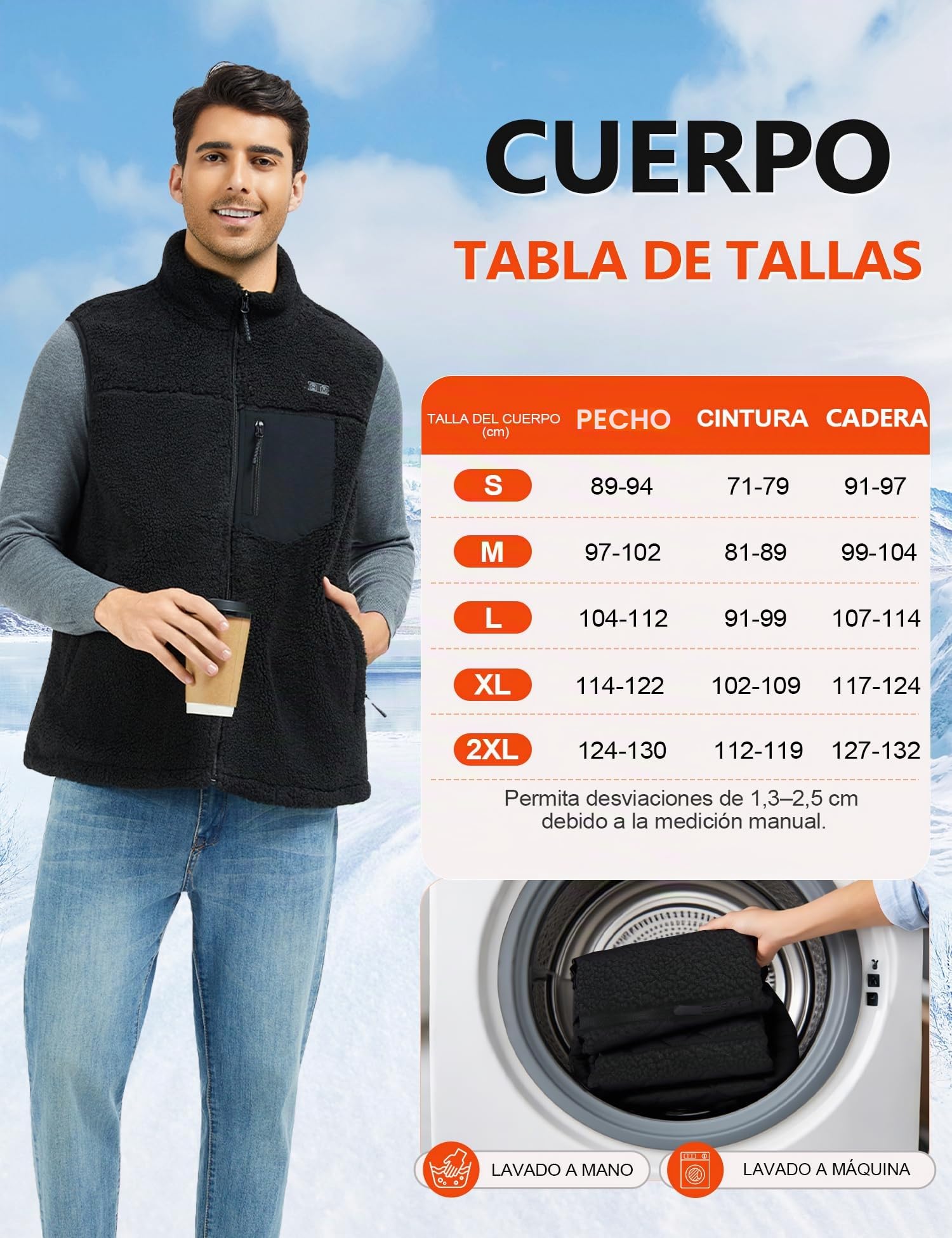 Chaleco Calefactable Hombre con 18400mAh 7.4V， Forro Polar, 8 Zonas Calefactoras, Lavable, Chaleco Eléctrico Para Uso Diario y al Aire Libre