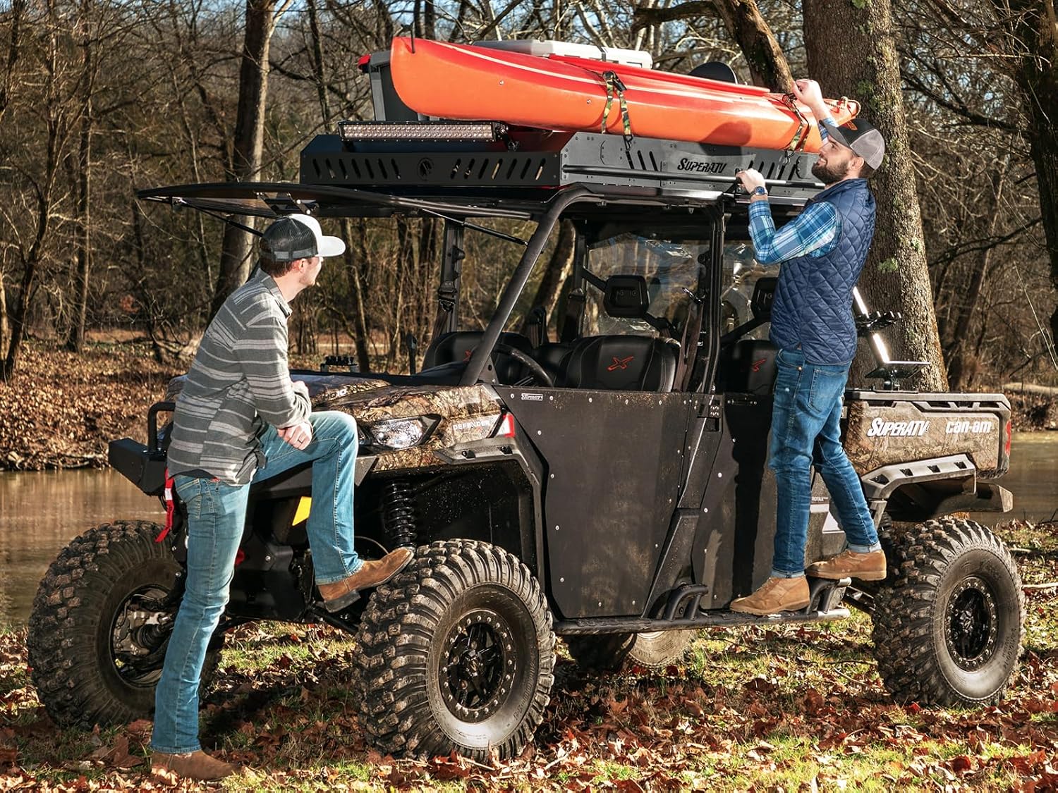 SuperATV Outfitter Roof Rack for Can-Am Defender MAX HD 7 / HD 8 / HD 9 / HD 10/ HD 11 (See Fitment) | Powder-Coated Aluminum | 150 LB Load Capacity | 4 Locations for Pod Lights | Attaches to Frame