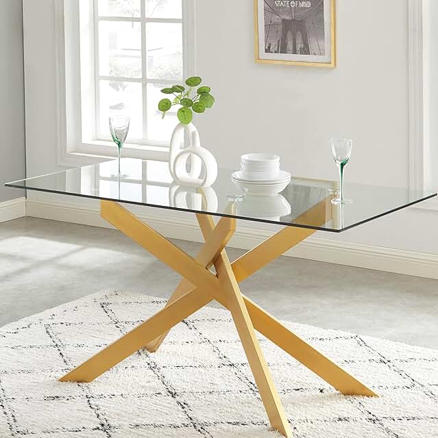 Edwin's Choice 58.5” Rectangle Glass Dining Table, Tempered Glass Table ...