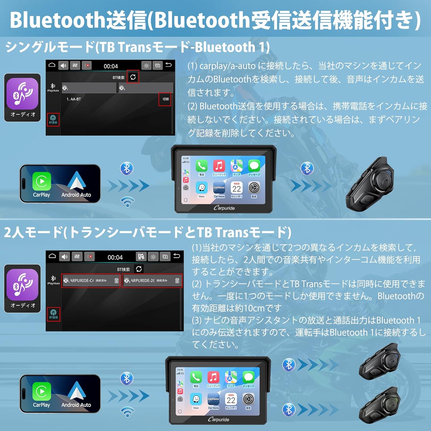 Diagram illustrating single and two-person Bluetooth connectivity modes for the Carpuride monitor.