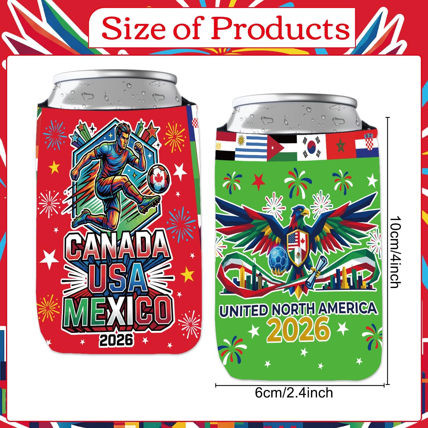 World Party Cup Decorations - 12PCS World Soccer Cup Party Can Cooler Sleeves Supplies 2026, World Country Flags Insulated Cup Sleeve Decor Set for Game Sports Competition