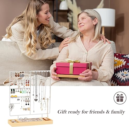 Miniatura 7 de ProCase Soporte organizador de joyas soporte para aretes 144 agujeros soporte para collares torre de almacenamiento con bandeja de anillos de madera