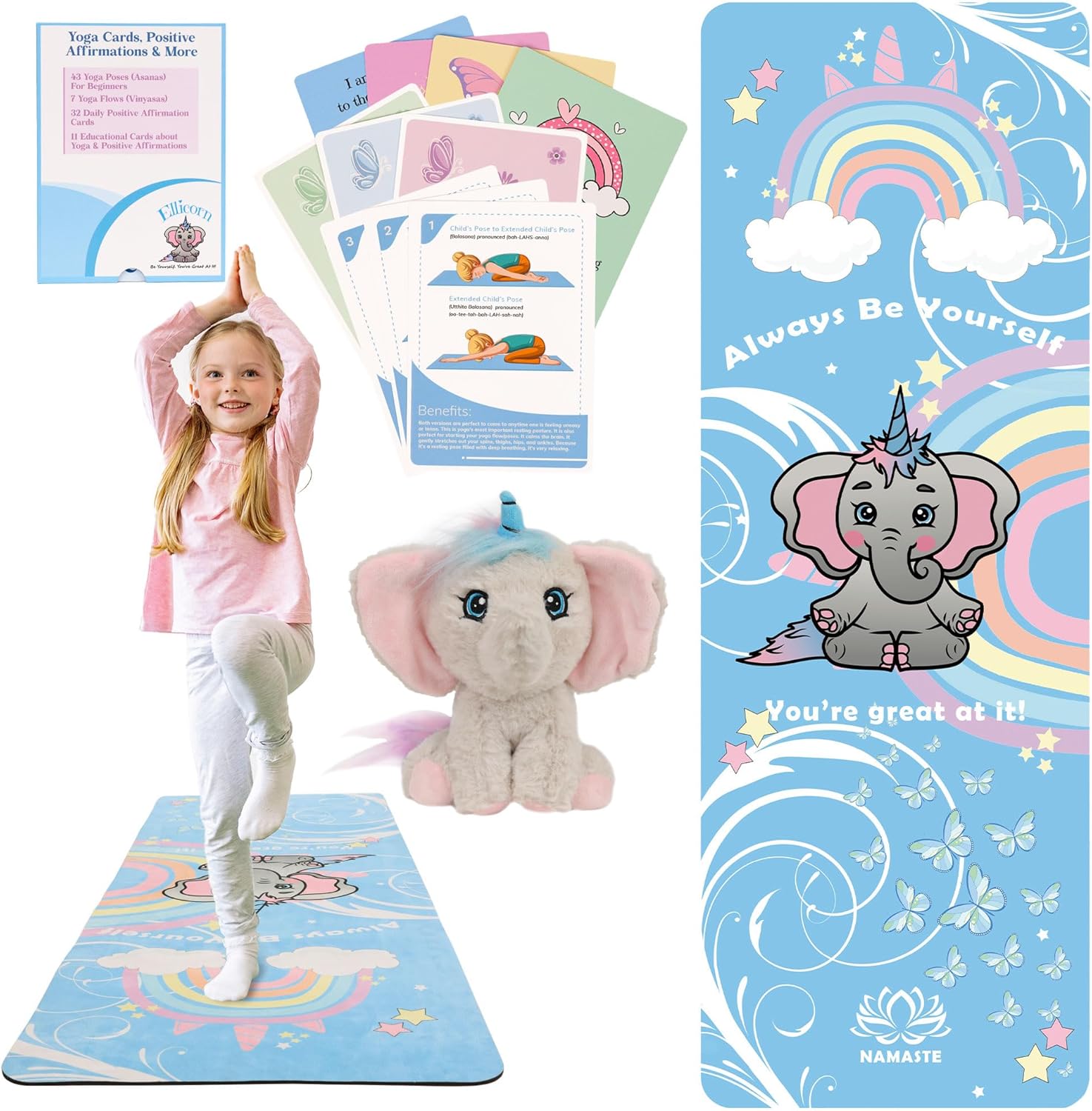 Kids Yoga Mat Set – 100 Beginner Yoga Cards + Positive Affirmations & Plush Ellicorn – Vegan Suede TPE Yoga Mat – NO PVC -Non-Toxic – Non-Slip (68 x 24 x 1/4″ thick) Girls Birthday Gift, Gift For Her