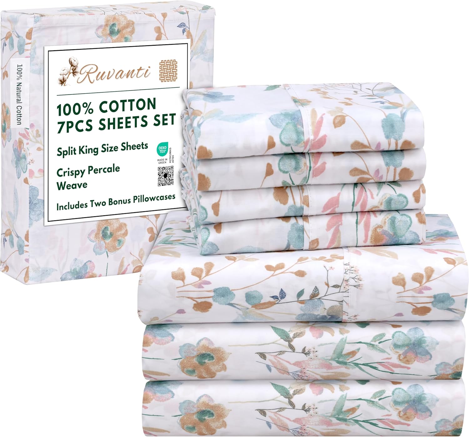 RUVANTI 7 Pcs Cotton Sheets - 100% Natural Cotton Soft, Lightweight & Breathable Crispy Percale Bed Sheets, Split King Sheets for Adjustable Bed 16" Deep Pockets, Radiant - Image 8